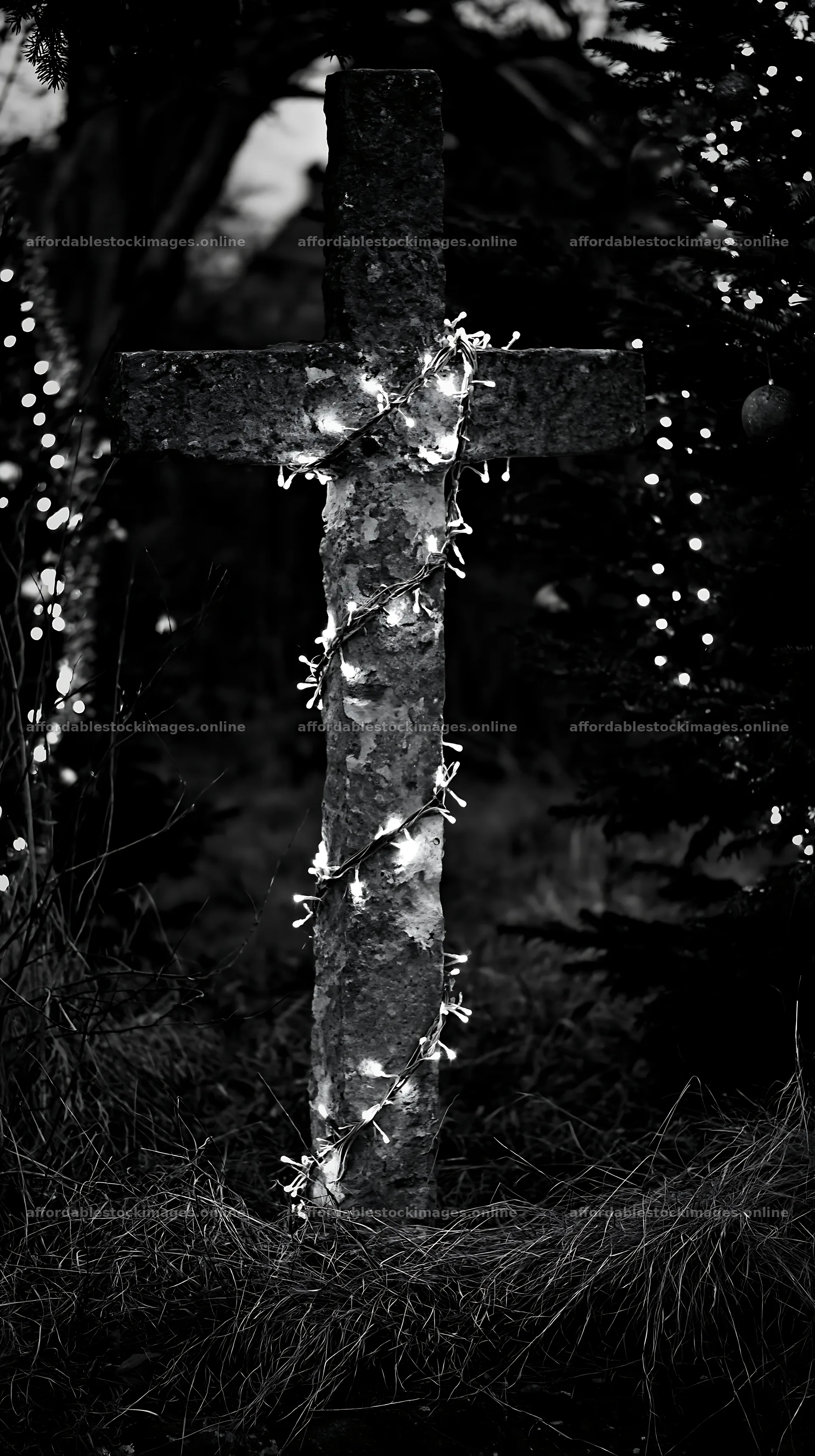 Handcrafted Christian cross in meadow with Christmas lights – stock images 5938x10608