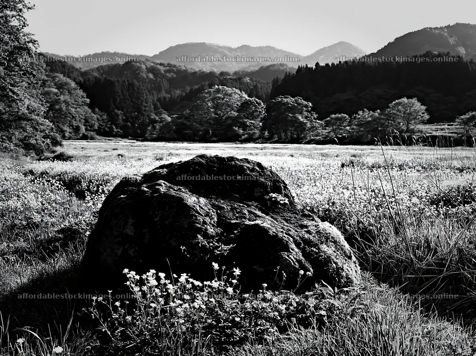 Miyagi spring recovery meadow with mossy stone – stock images 9174x6866