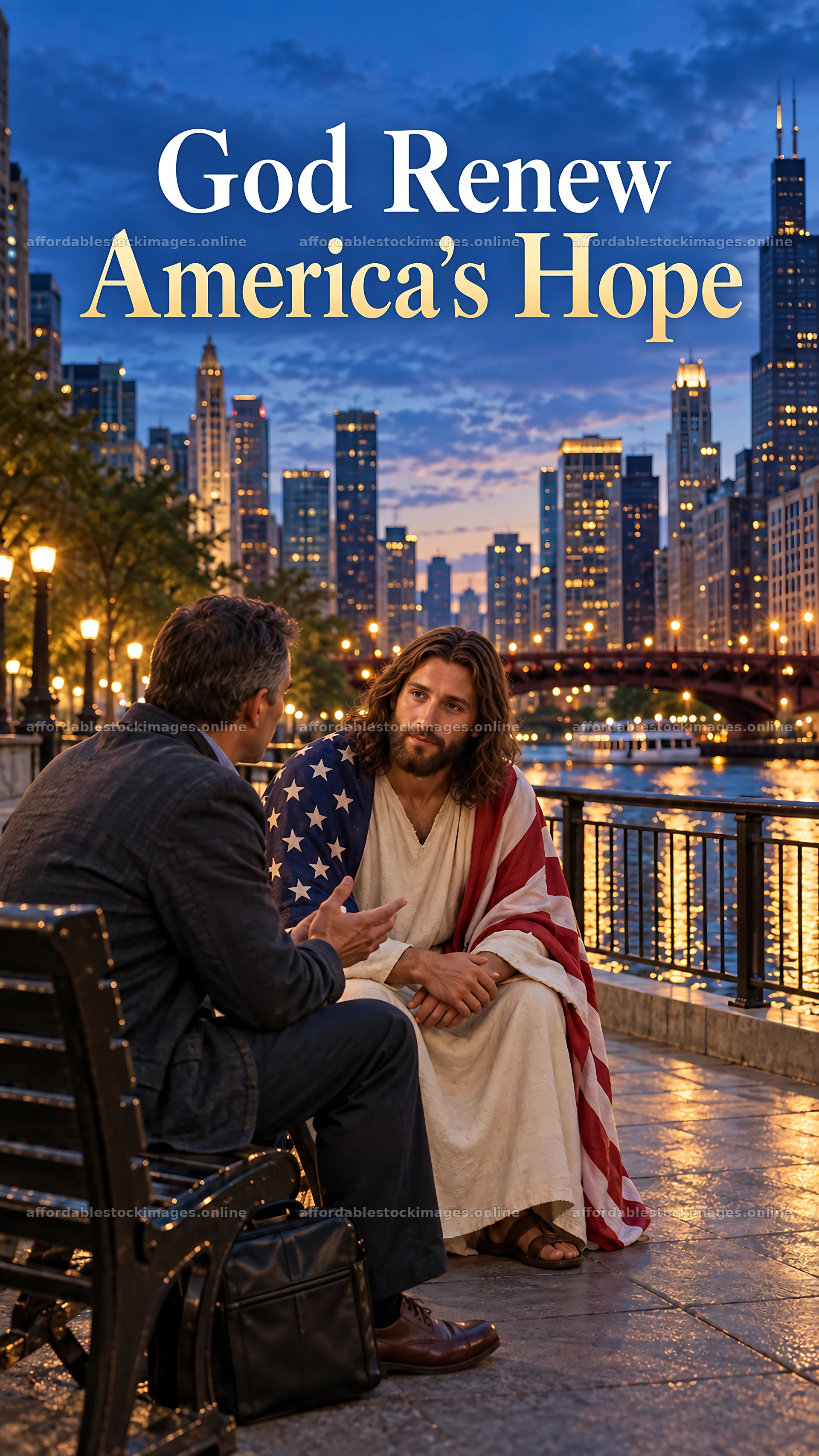 Jesus Christ sharing hope in a city setting – stock images 5811x10326