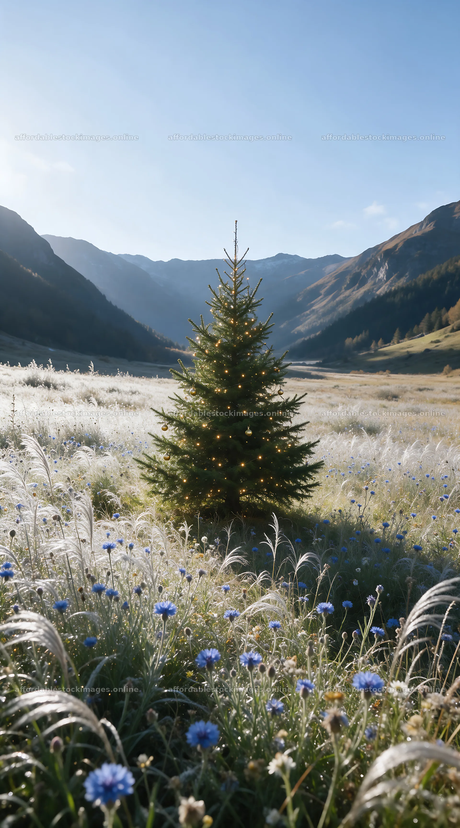 Vibrant Christmas tree in meadow under winter sunlight – stock images 5916x10648