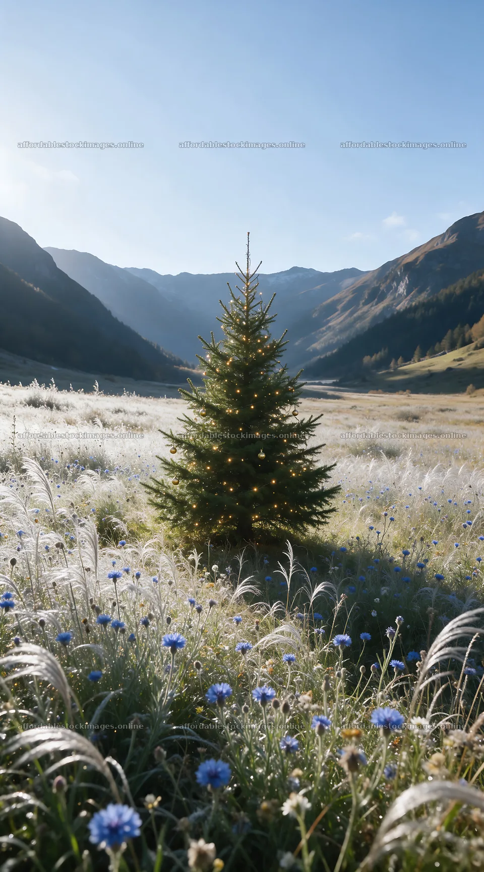 Vibrant Christmas tree in meadow under winter sunlight – stock images 5916x10648
