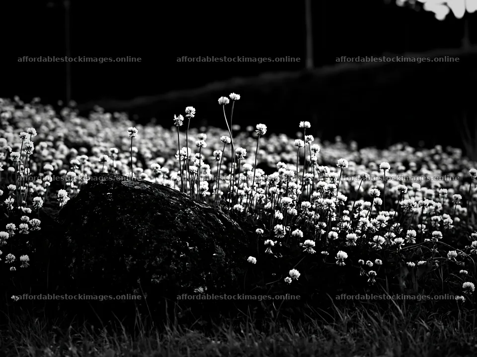 Miyagi spring meadow with mossy stone and white flowers – stock images 9174x6866