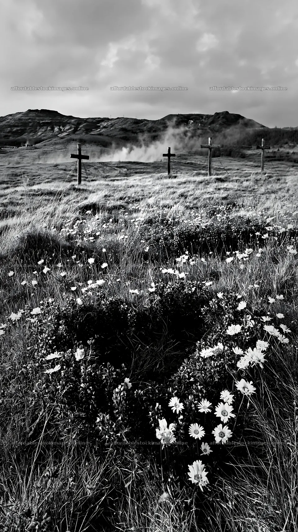 Christian crosses around geothermal spring meadow – stock images 5938x10608