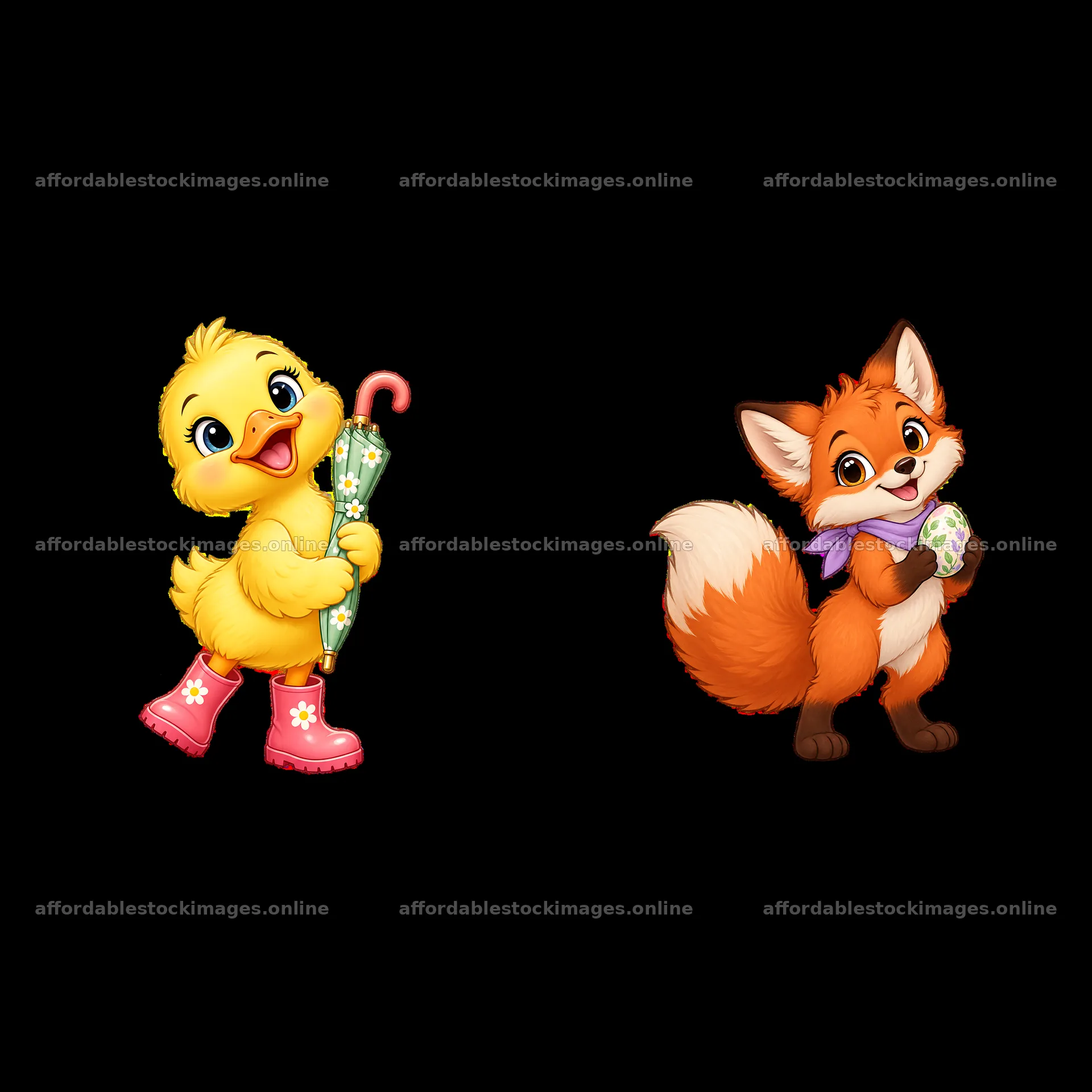 Duckling holding an umbrella and fox holding an egg in Easter – stock images 7746x7746