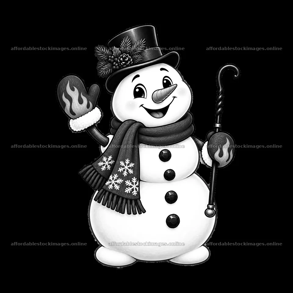 Monochrome Snowman Sticker with Curled Cane – stock images 7746x7746