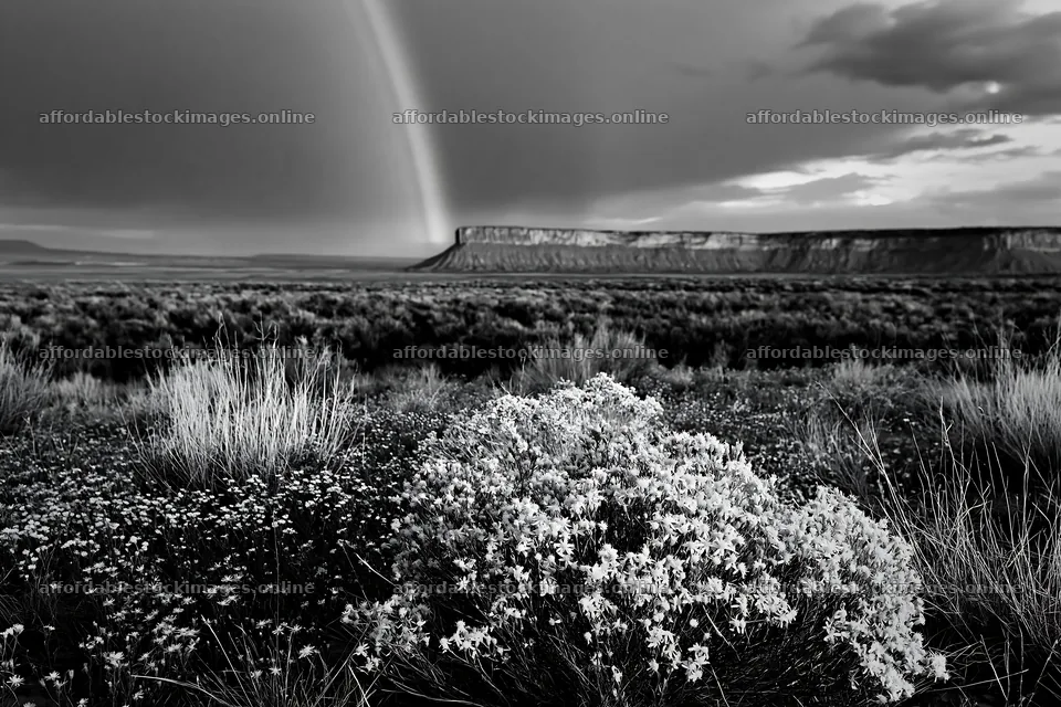 Sagebrush meadow light with flowers and rainbow in the sky – stock images 9722x6480