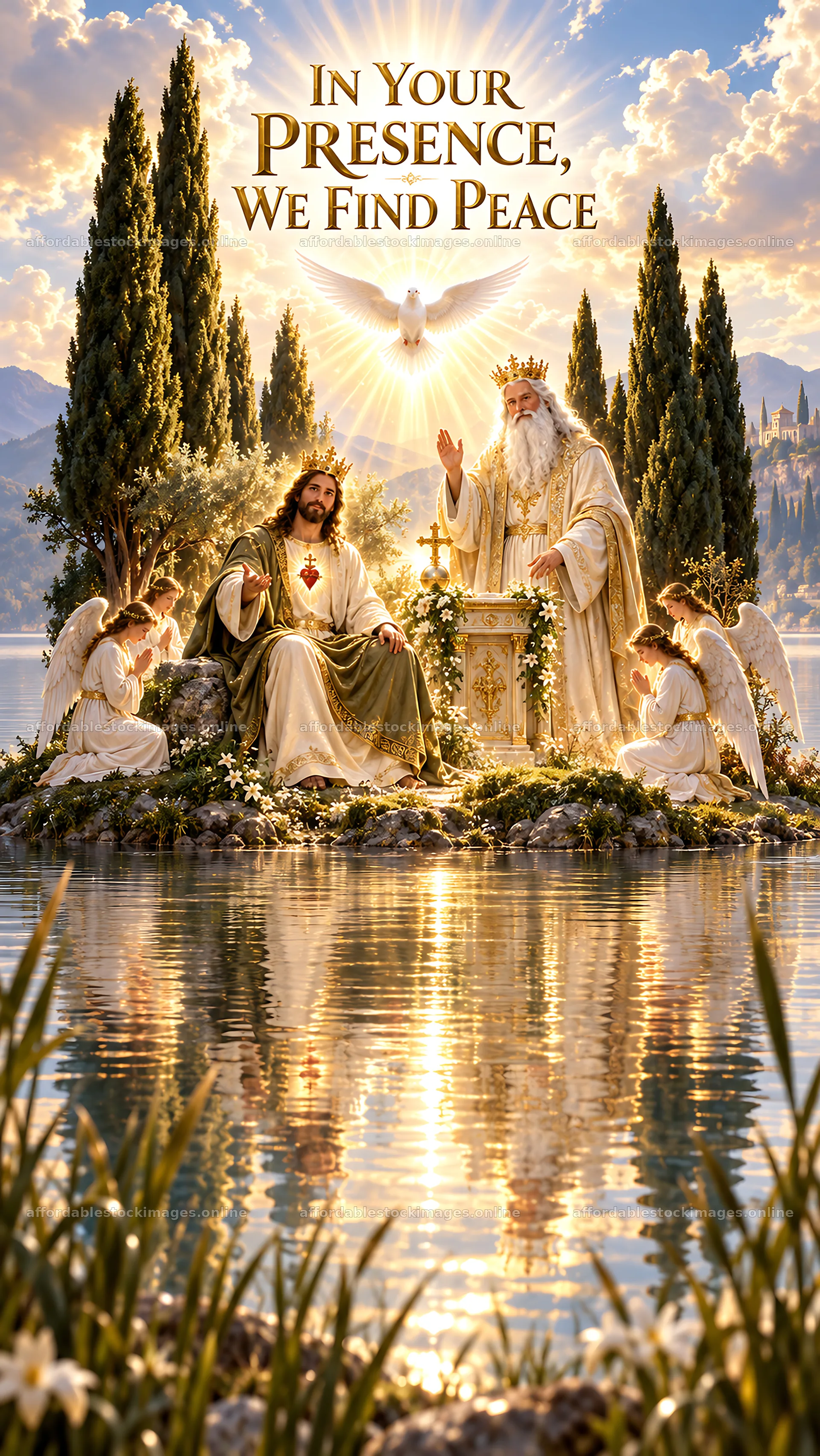 Jesus Christ with God and angels in a peaceful setting – stock images 5811x10326