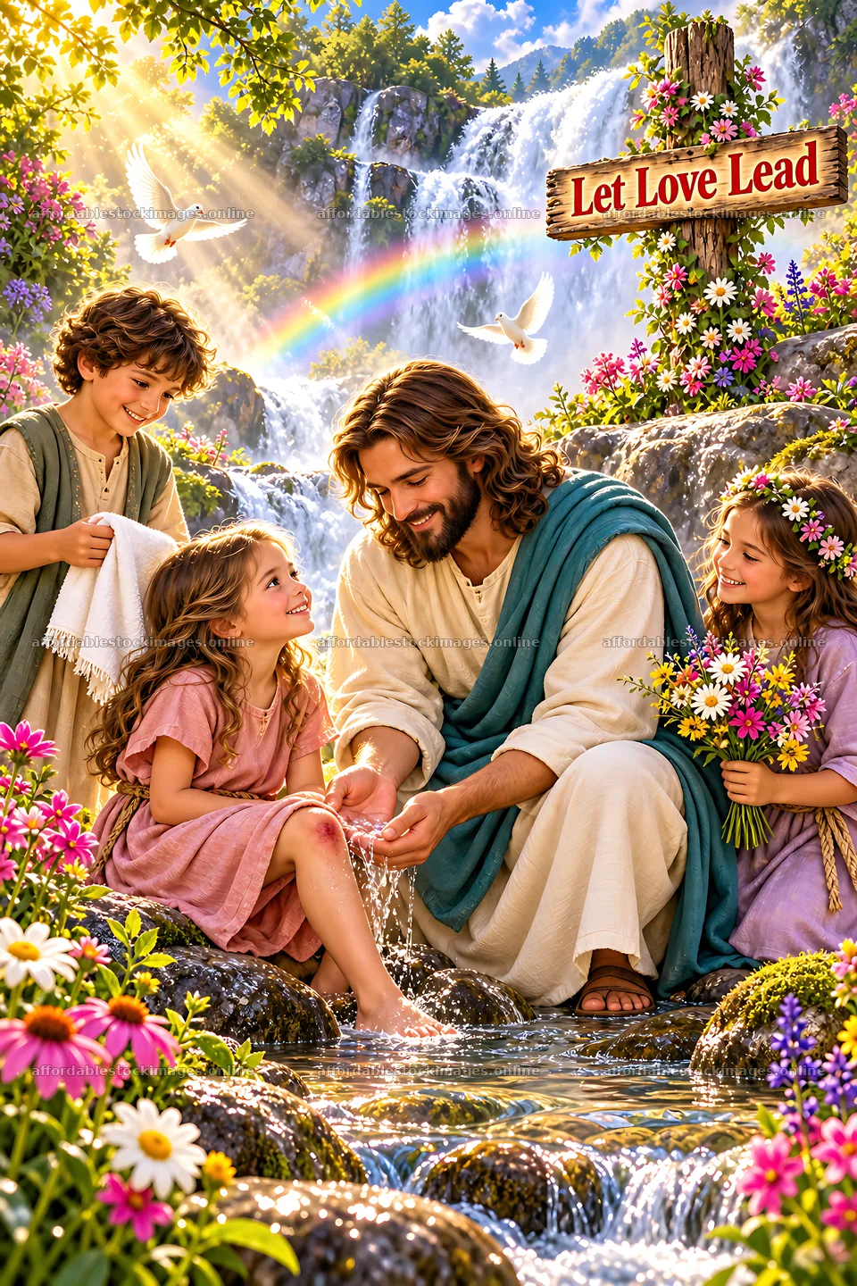 Mercy beside the waterfall with children and nature – stock images 6480x9722