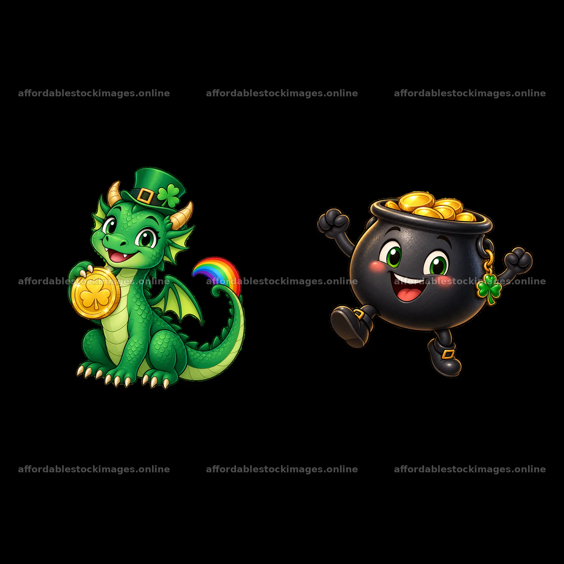 Green dragon with gold coin and cheerful pot of gold sticker – stock images 7746x7746