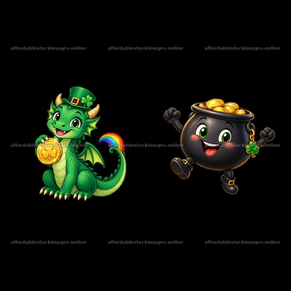 Green dragon with gold coin and cheerful pot of gold sticker – stock images 7746x7746