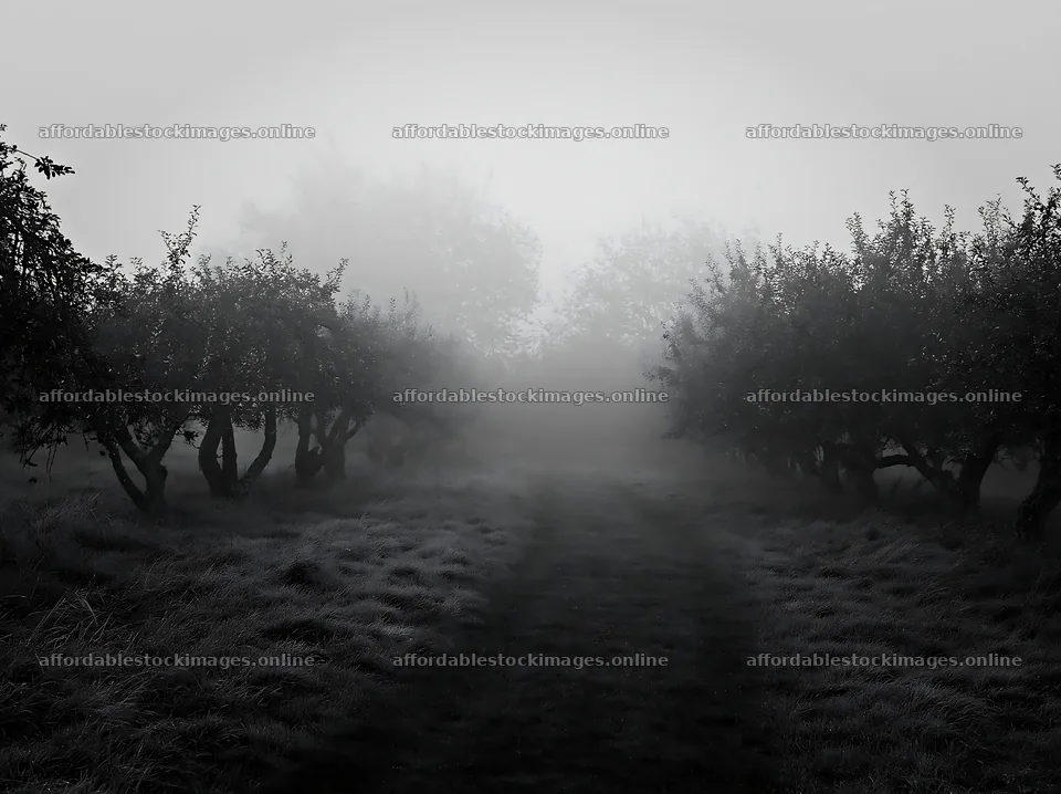 Foggy orchard meadow with trees in low visibility conditions – stock images 9174x6866