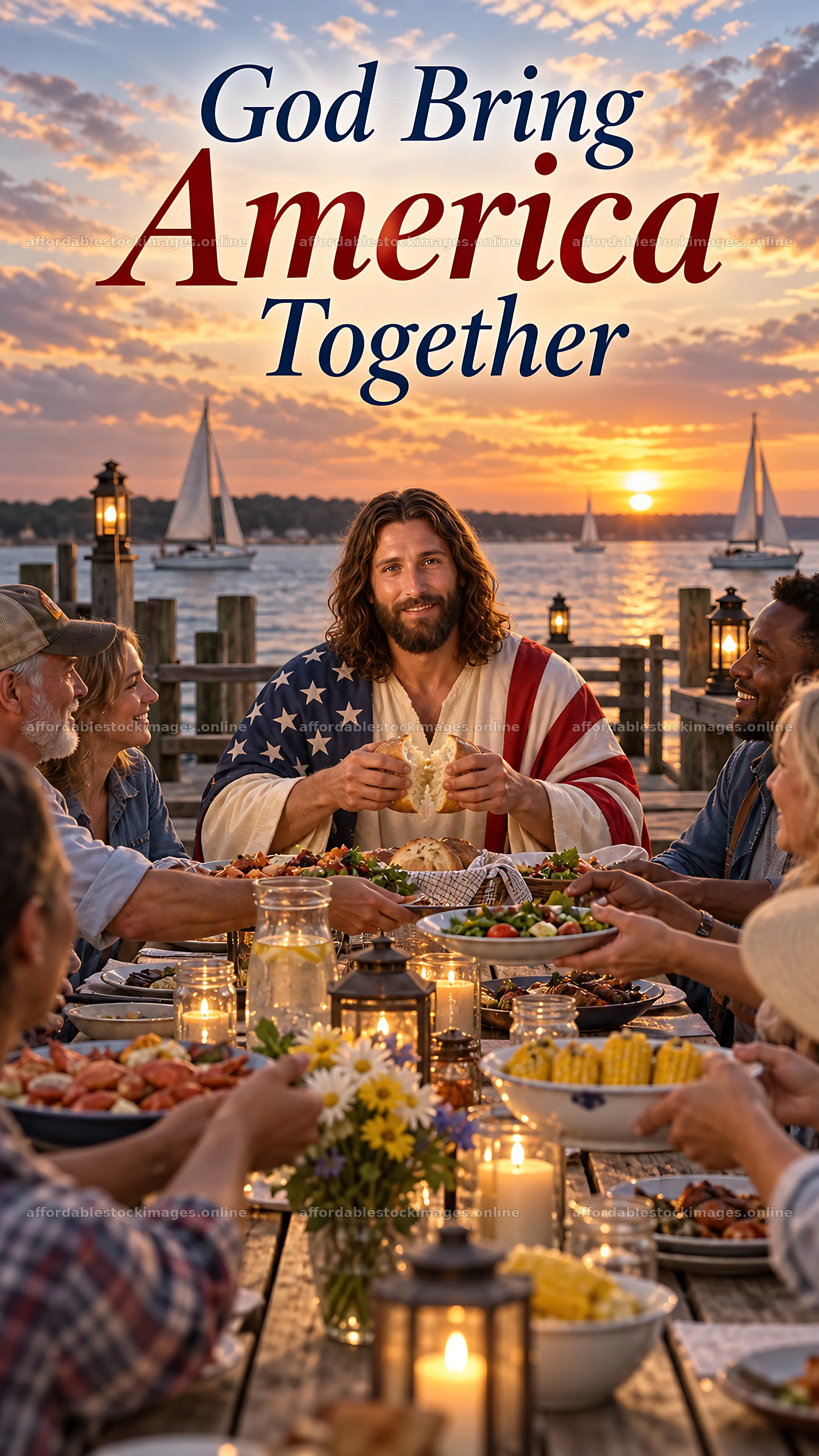 Jesus Christ sharing a meal with diverse people by the shore – stock images 5811x10326