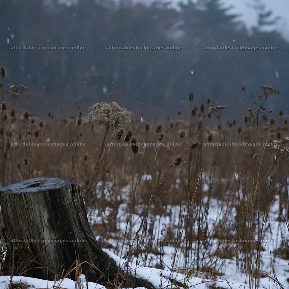 Fukushima native meadow with weathered stump in winter snow – stock images 7938x7938