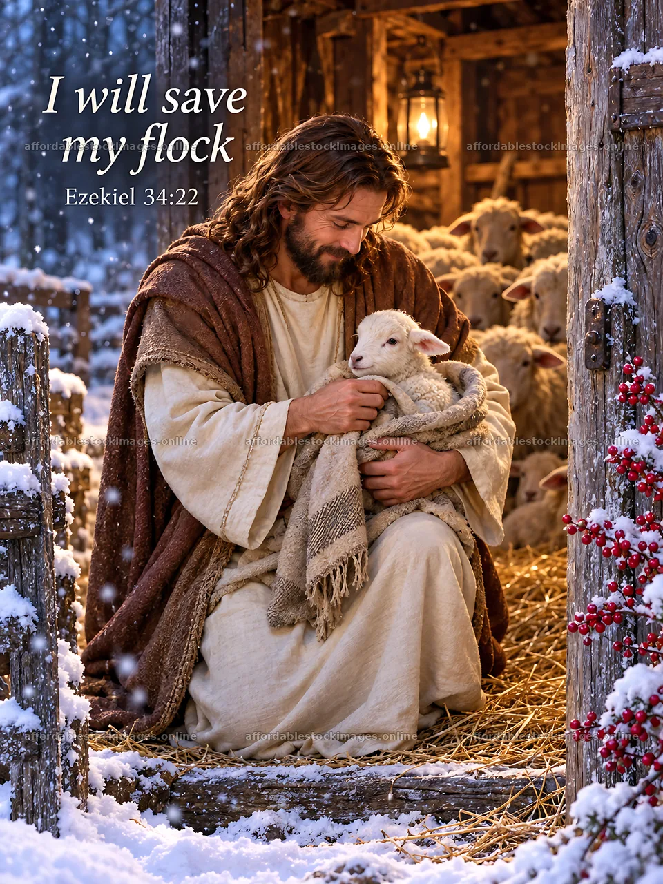 Jesus Christ comforting a lamb in a winter setting – stock images 6708x8945