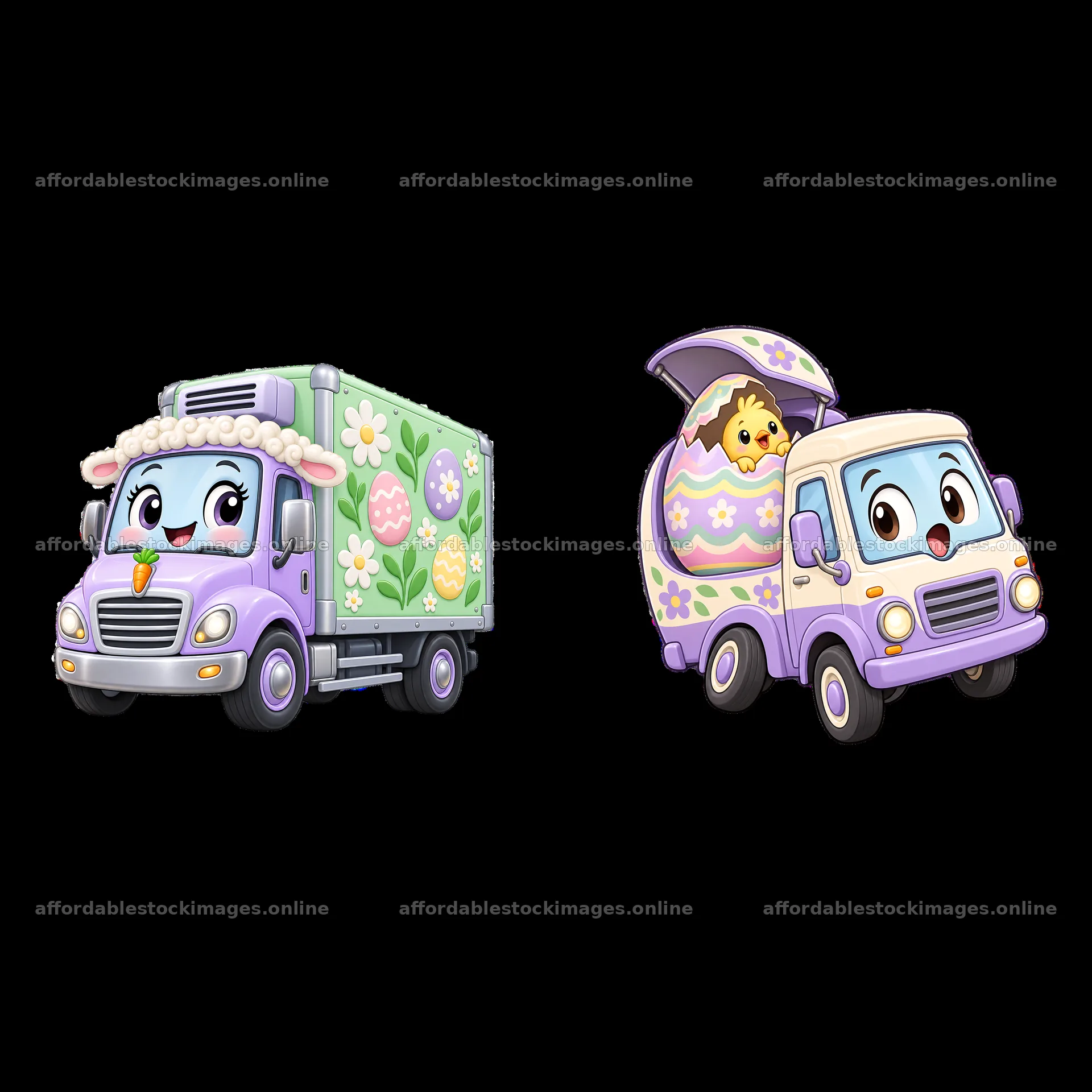 Easter themed trucks with bunny and chick designs – stock images 7746x7746