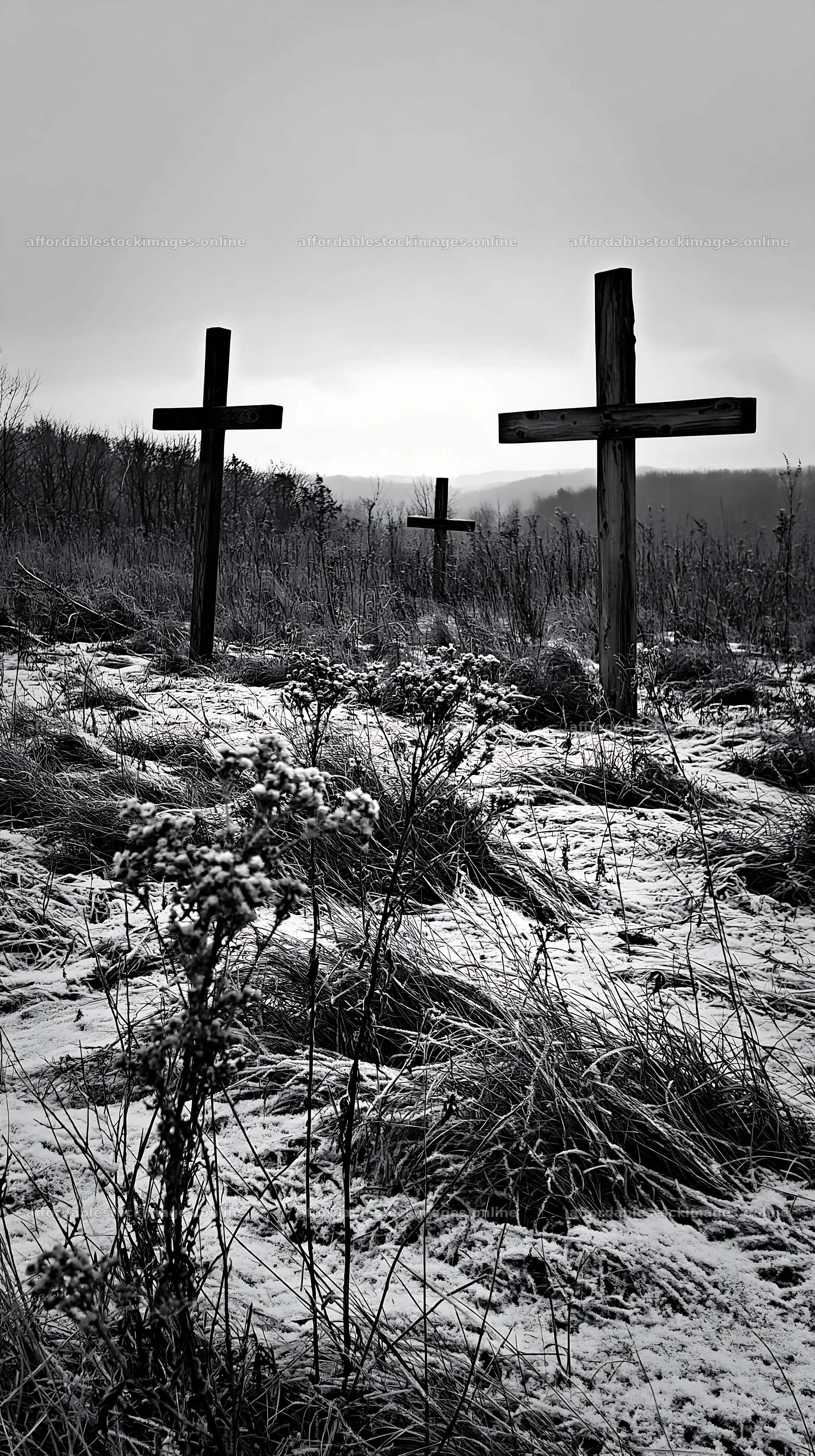 Three rustic crosses in a winter meadow – stock images 5938x10608