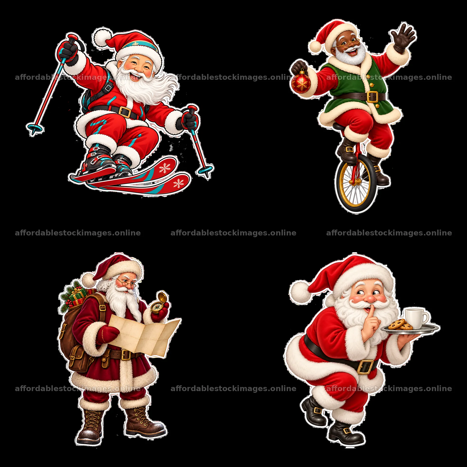 Santa Claus in four fun activities with winter themes – stock images 7746x7746