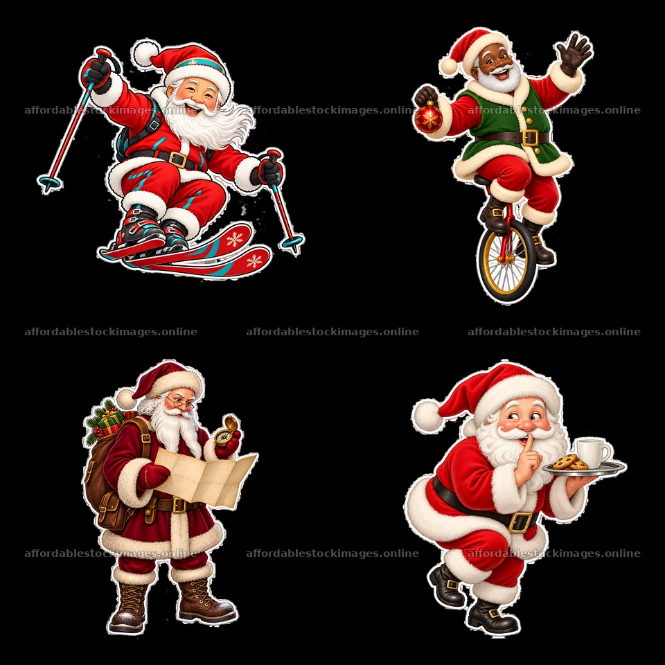 Santa Claus in four fun activities with winter themes – stock images 7746x7746