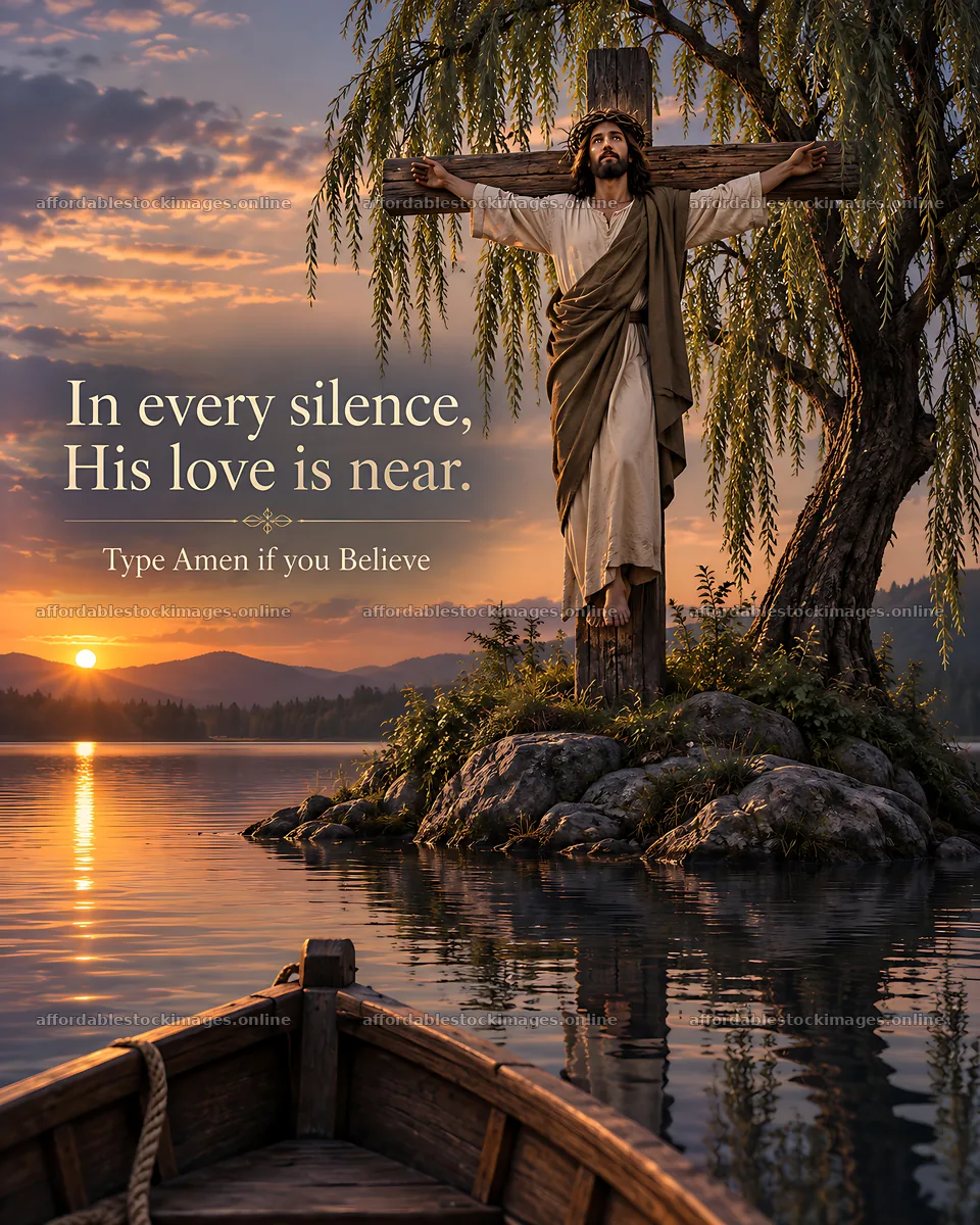 Faith on the Island at sunset near a cross and water – stock images 7100x8872