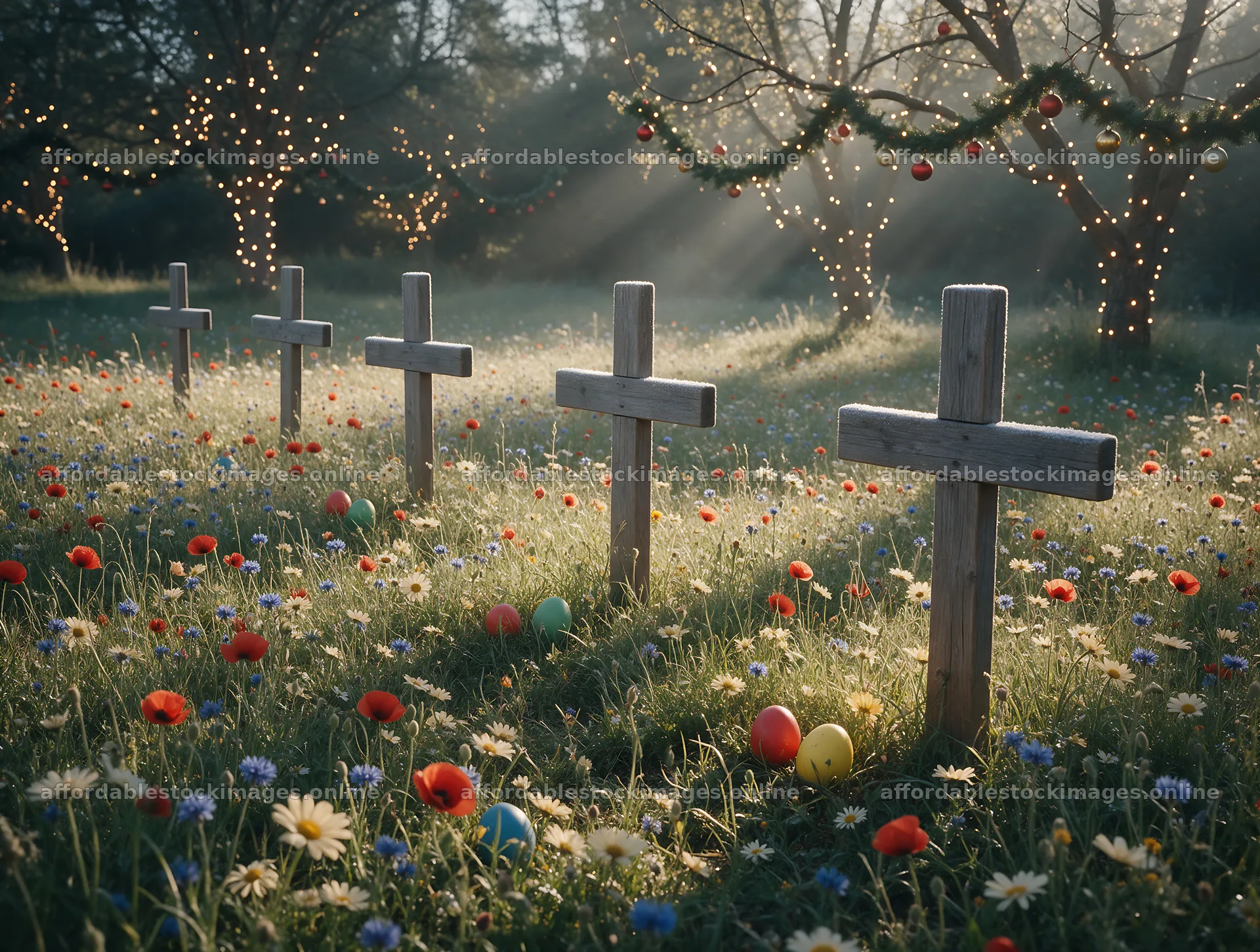 Christian crosses in meadow with sunlight rays – stock images 9134x6898