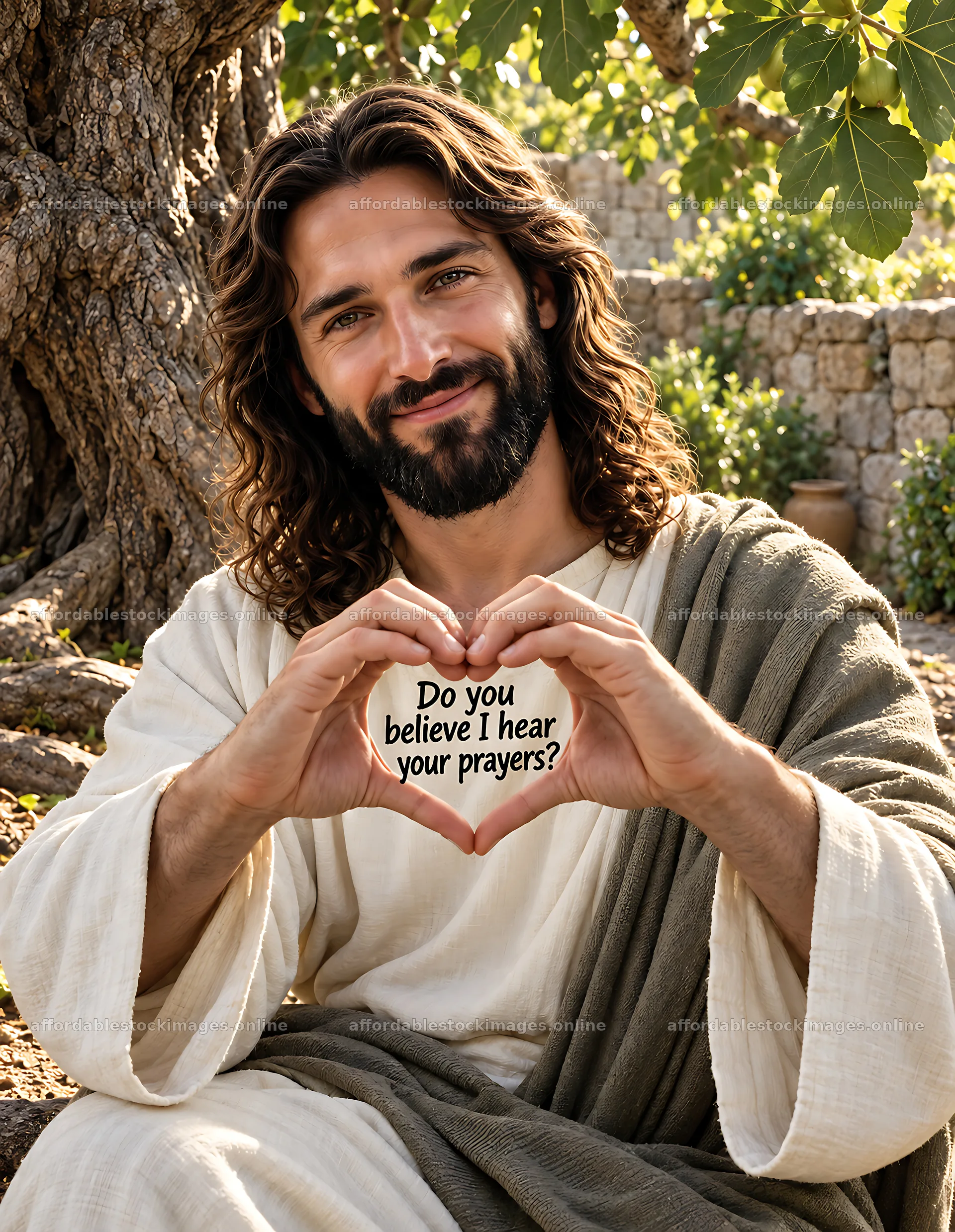 Beneath the fig tree a figure holds a heart shape with hands – stock images 6986x9018