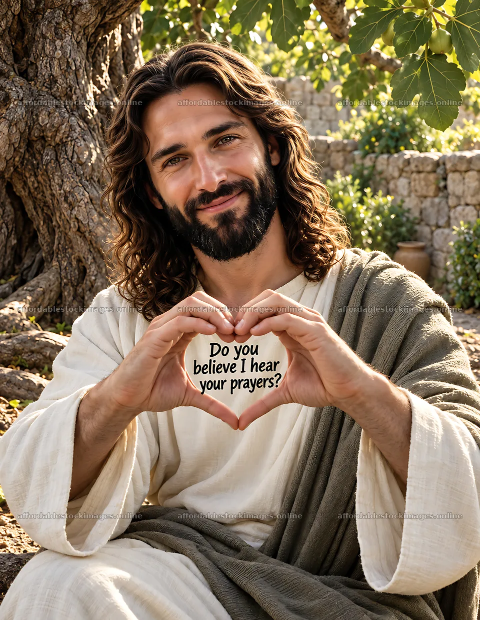 Beneath the fig tree a figure holds a heart shape with hands – stock images 6986x9018