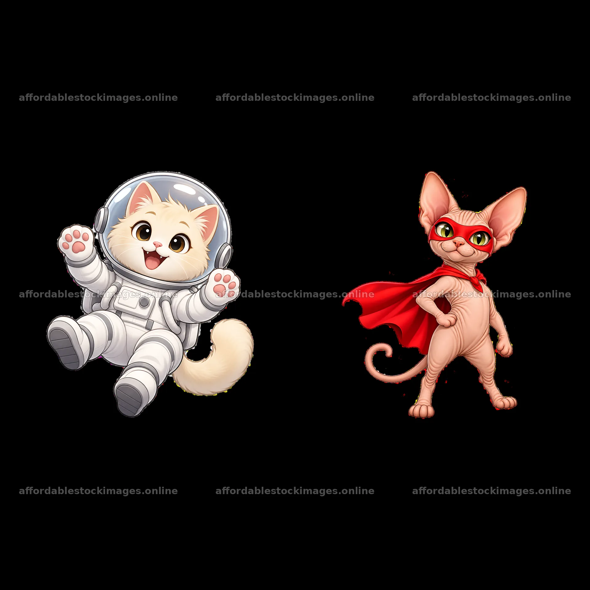 Cute cartoon cats in space and superhero costumes – stock images 7746x7746