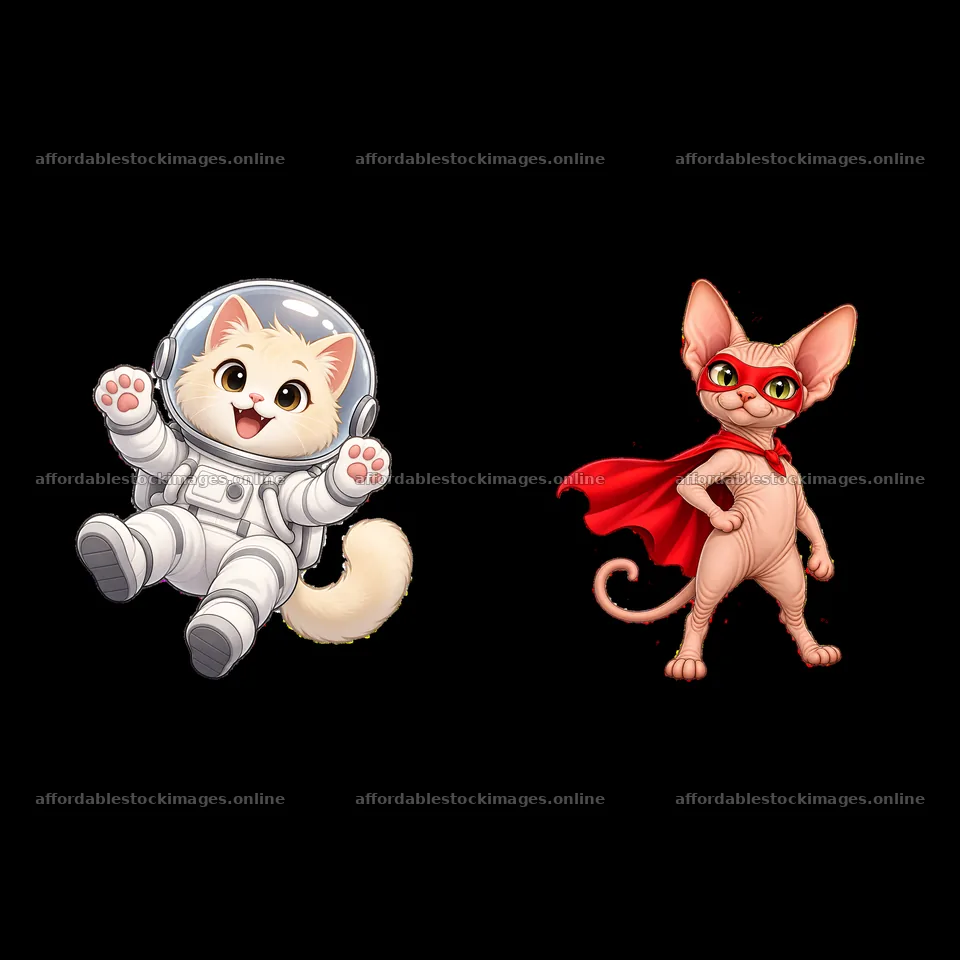 Cute cartoon cats in space and superhero costumes – stock images 7746x7746