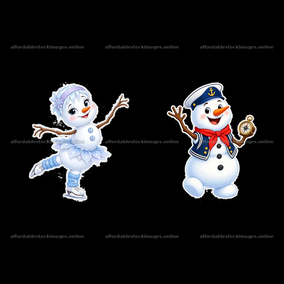 Two playful snowmen in skater outfit and captain uniform – stock images 7746x7746