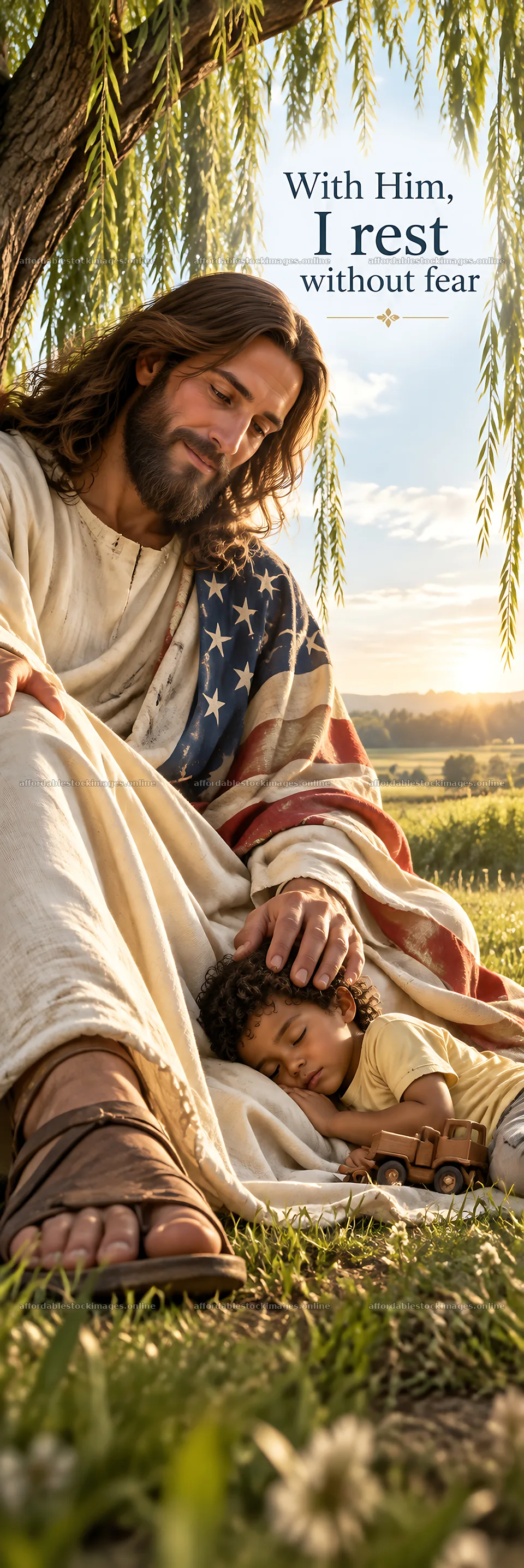 Jesus Christ comforting a child under a tree – stock images 4478x13401