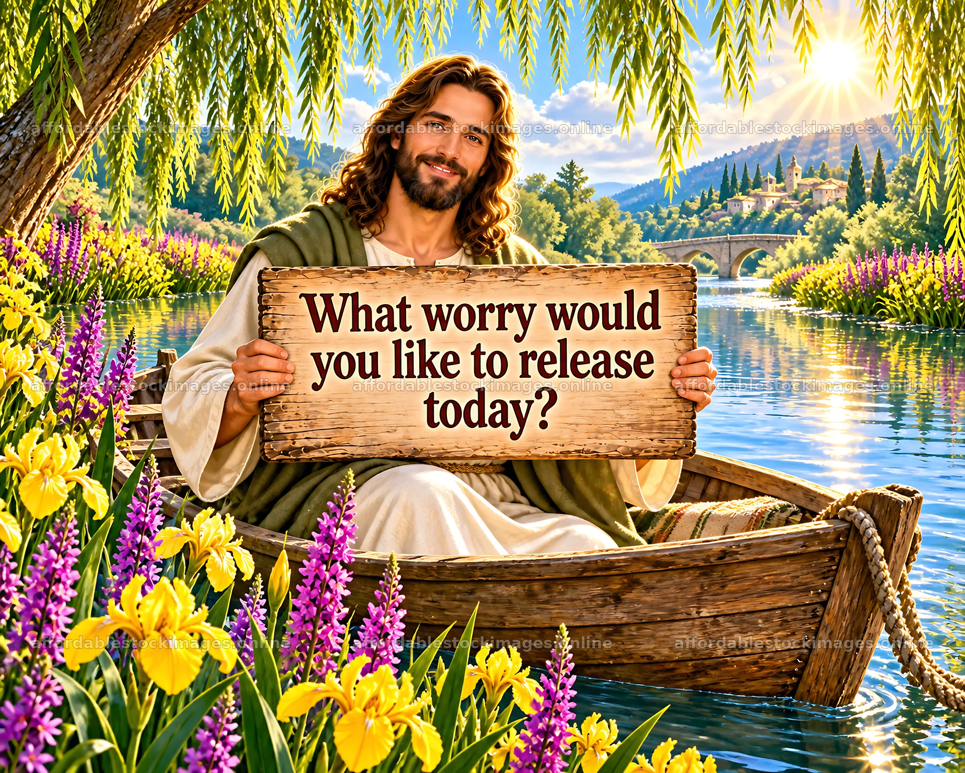 Jesus Christ offers comfort with a message by the river – stock images 8659x6930