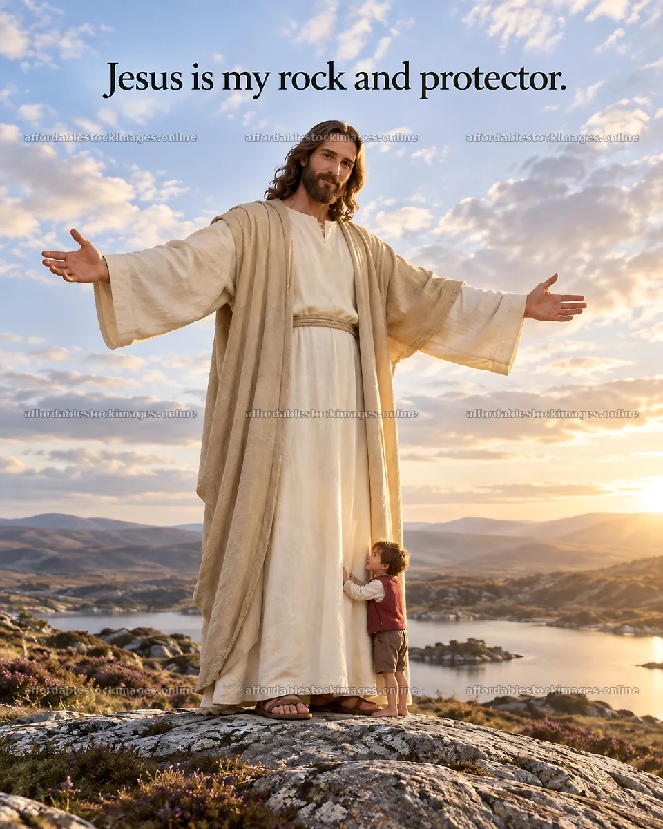Jesus Christ welcomes a child in a peaceful natural setting – stock images 6930x8659