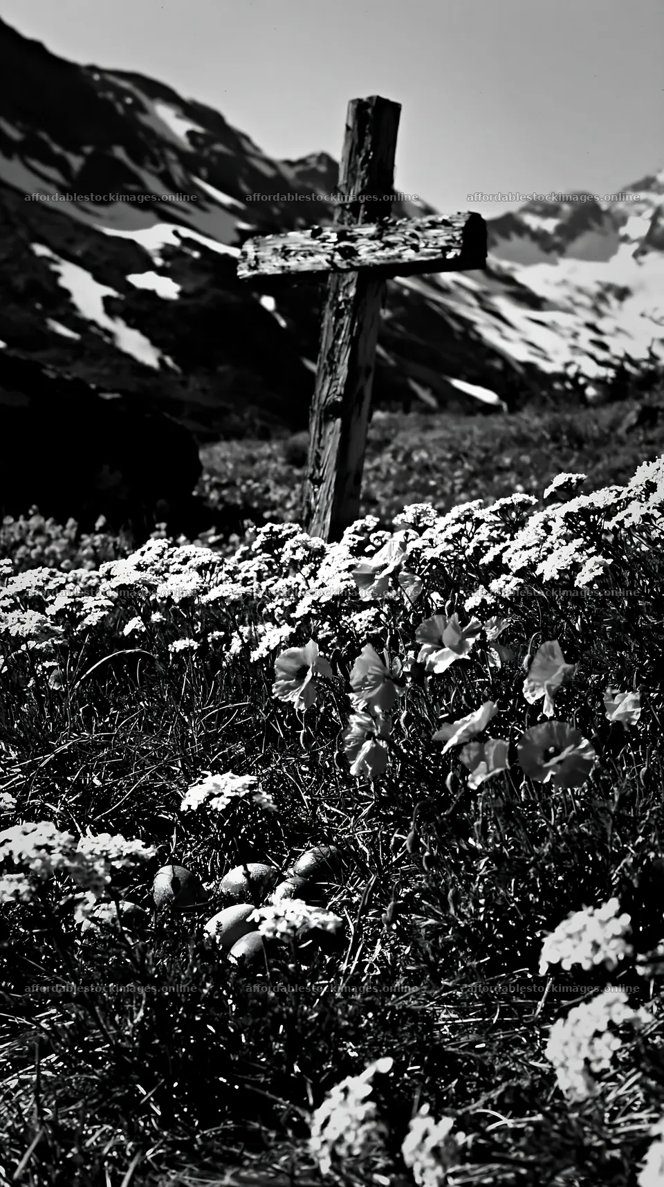 Weathered Christian cross stands in snowy meadow – stock images 5938x10608