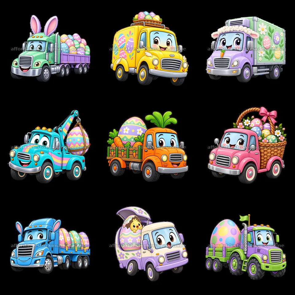 Easter-themed cartoon trucks with colorful decorations and eggs – stock images 7746x7746