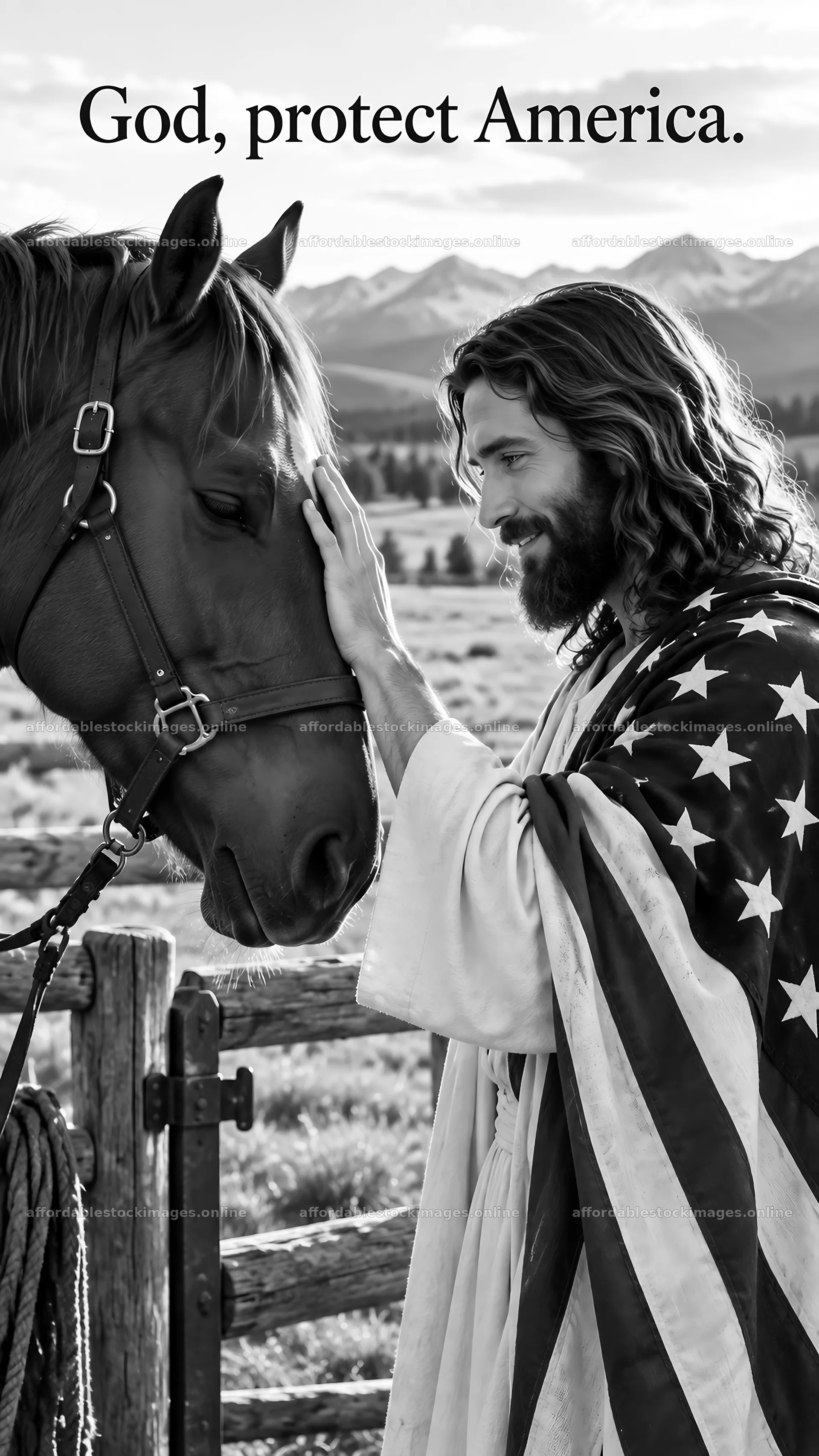 Jesus Christ comforting a horse in a peaceful setting – stock images 5811x10326