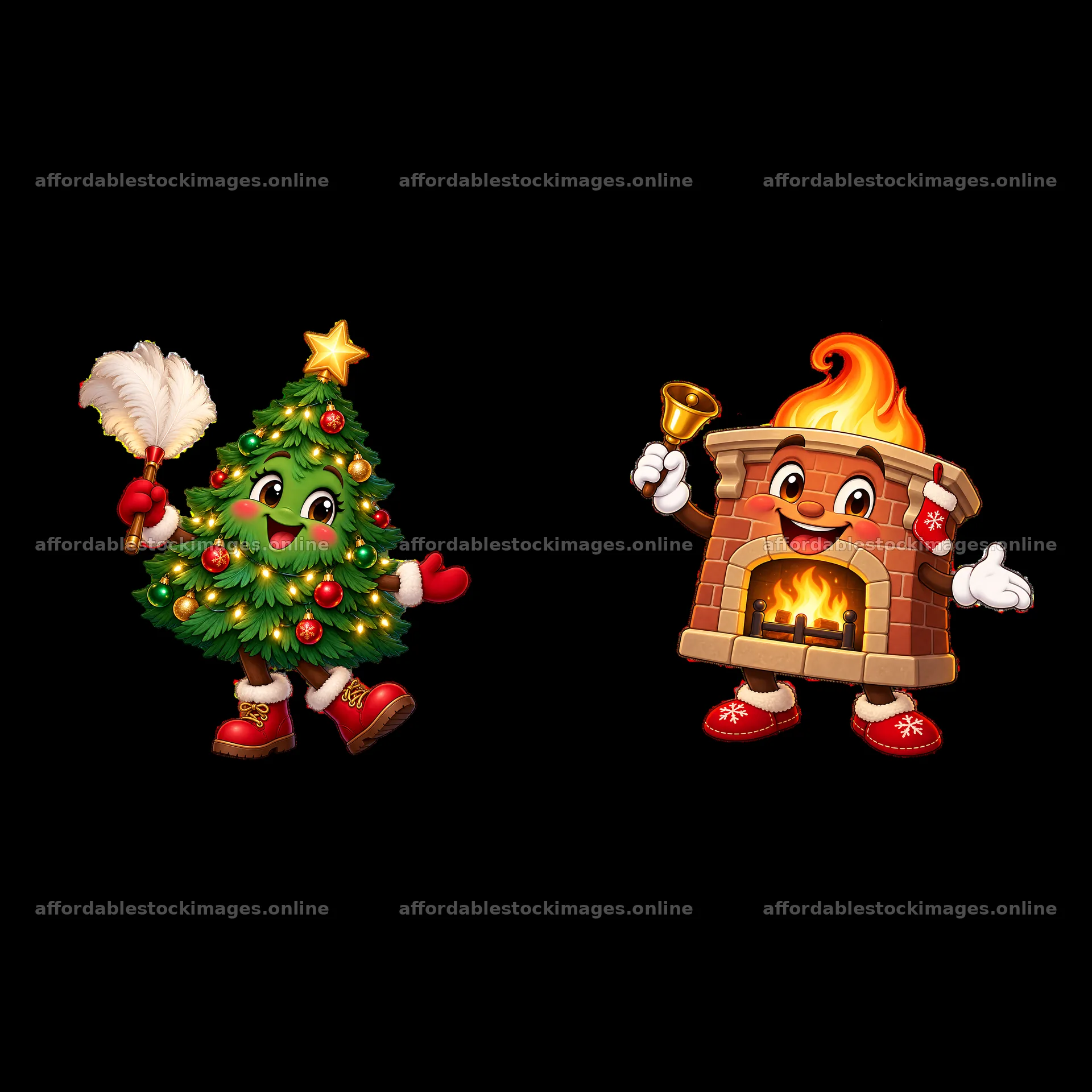 Christmas tree and fireplace sticker duo for festive designs – stock images 7746x7746