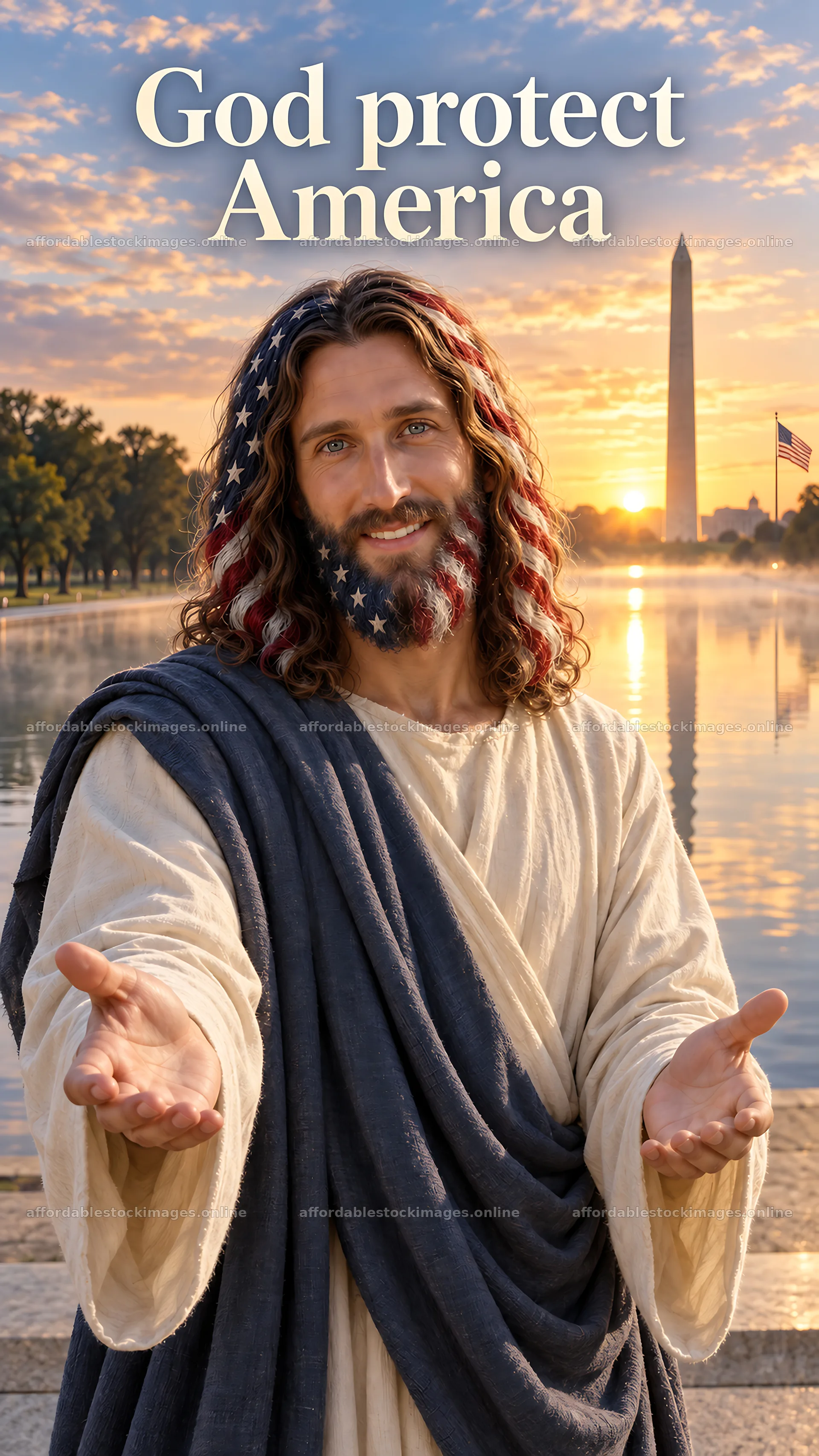Jesus Christ welcomes viewers by the reflecting pool – stock images 5811x10326