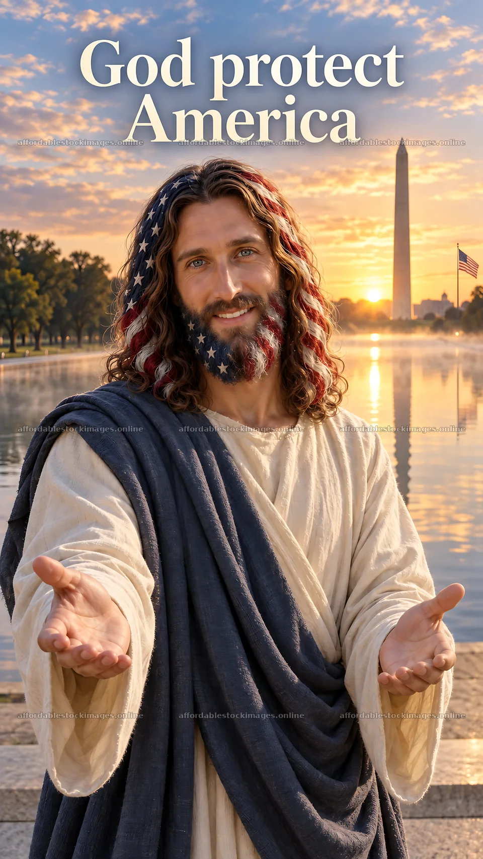 Jesus Christ welcomes viewers by the reflecting pool – stock images 5811x10326