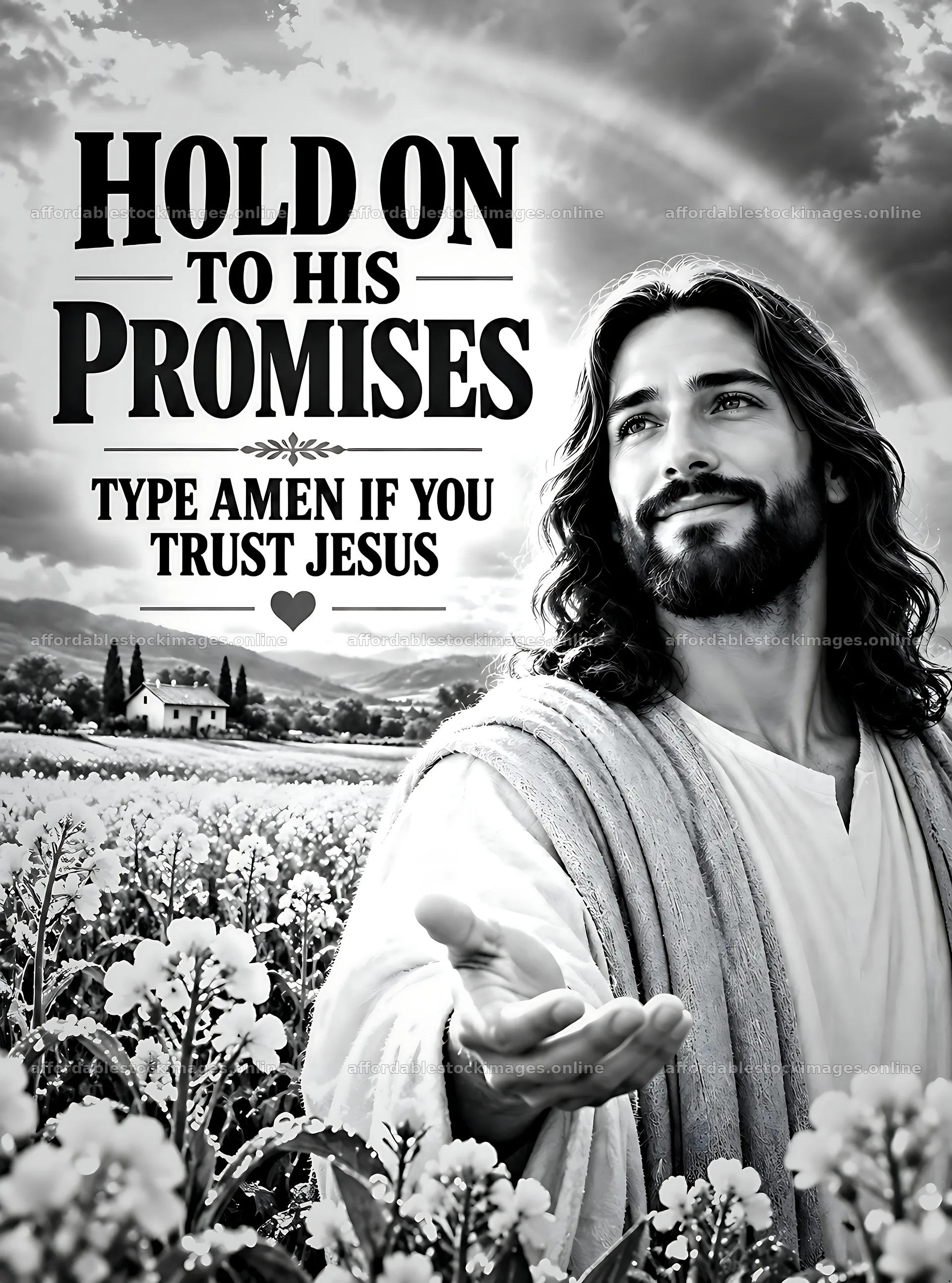 Hold on to his promises in a cloudy landscape – stock images 6836x9216