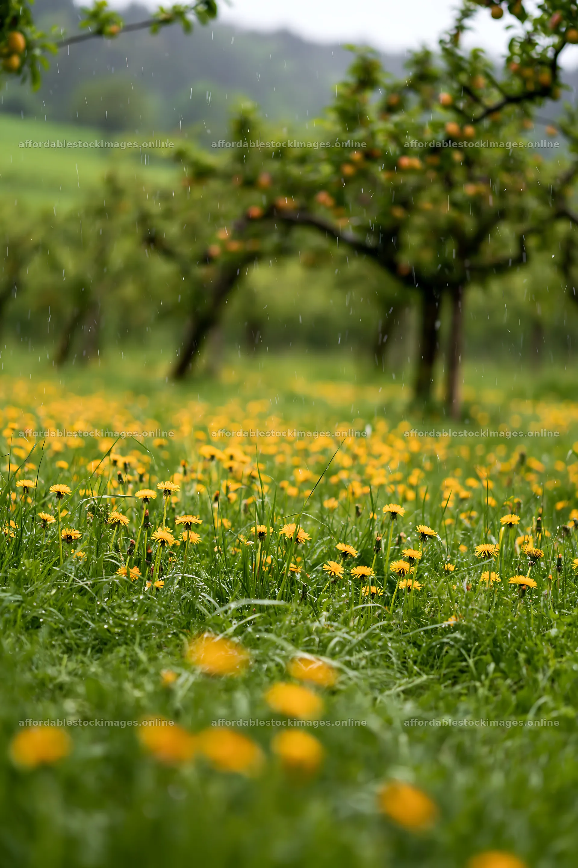 Dandelions blooming in an orchard meadow during light rain – stock images 6480x9722