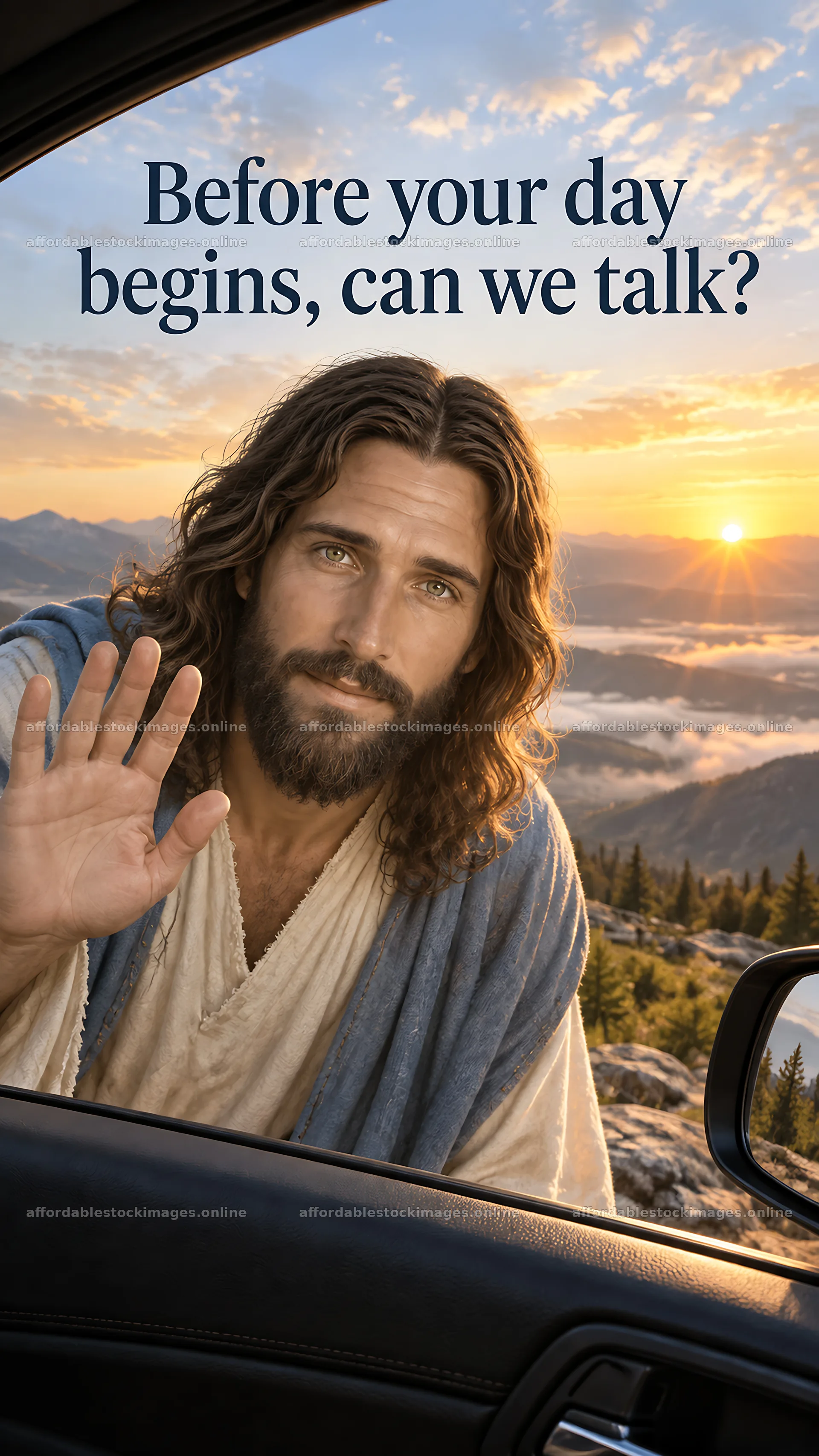 Jesus Christ invites conversation at sunrise – stock images 5811x10326