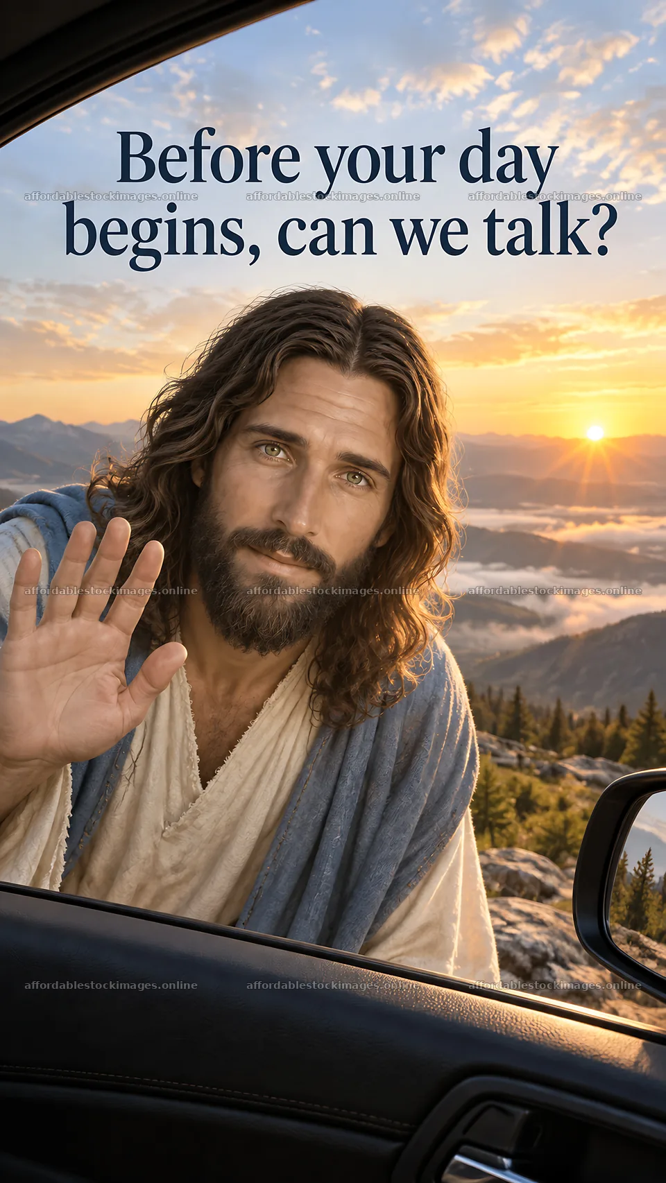 Jesus Christ invites conversation at sunrise – stock images 5811x10326