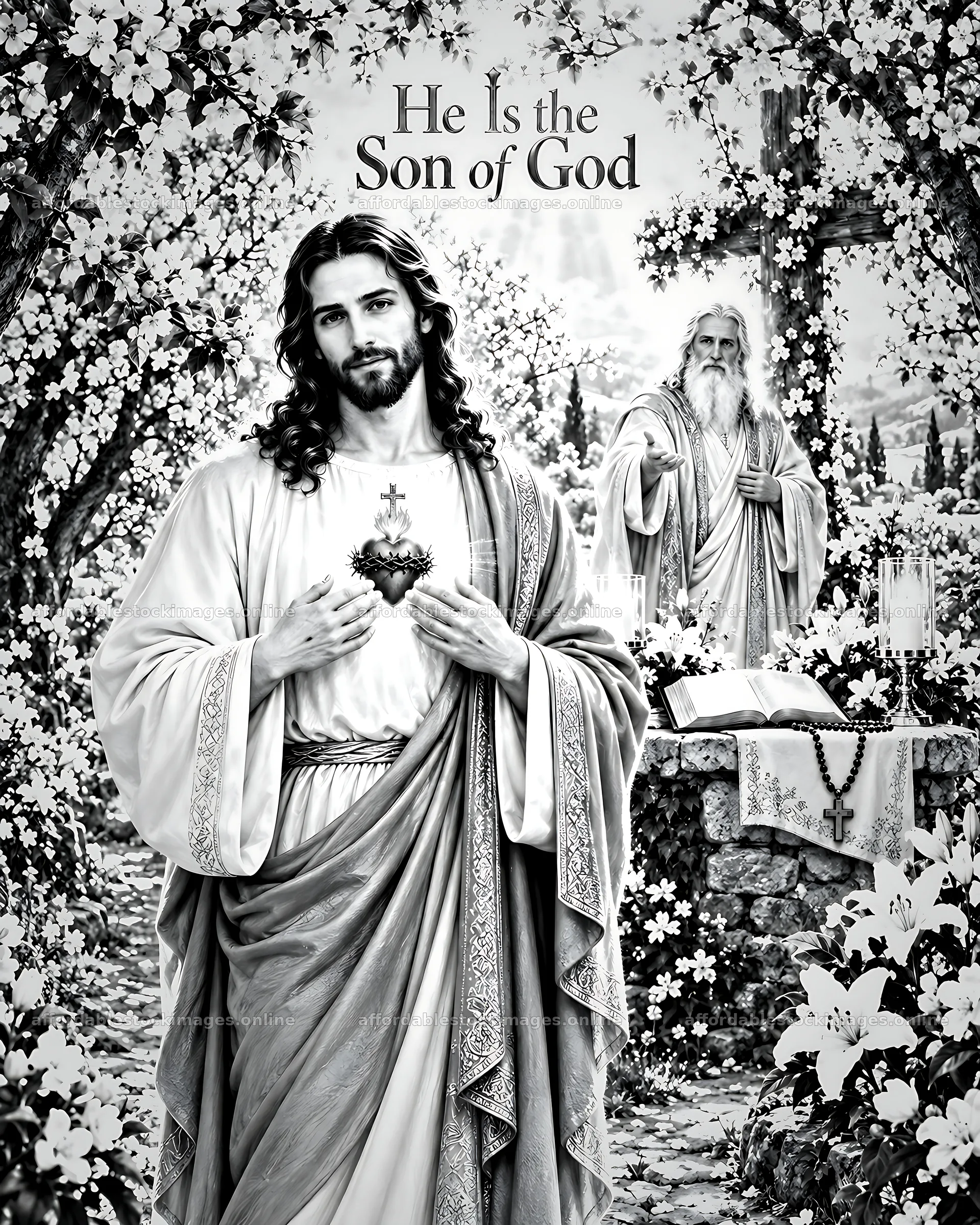 He is the Son of God framed by flowers and a cross – stock images 7100x8872