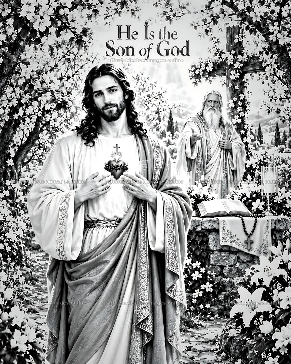 He is the Son of God framed by flowers and a cross – stock images 7100x8872