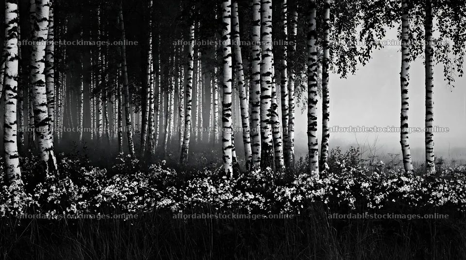 Birch forest meadow with flowers and mist in black and white – stock images 10608x5938