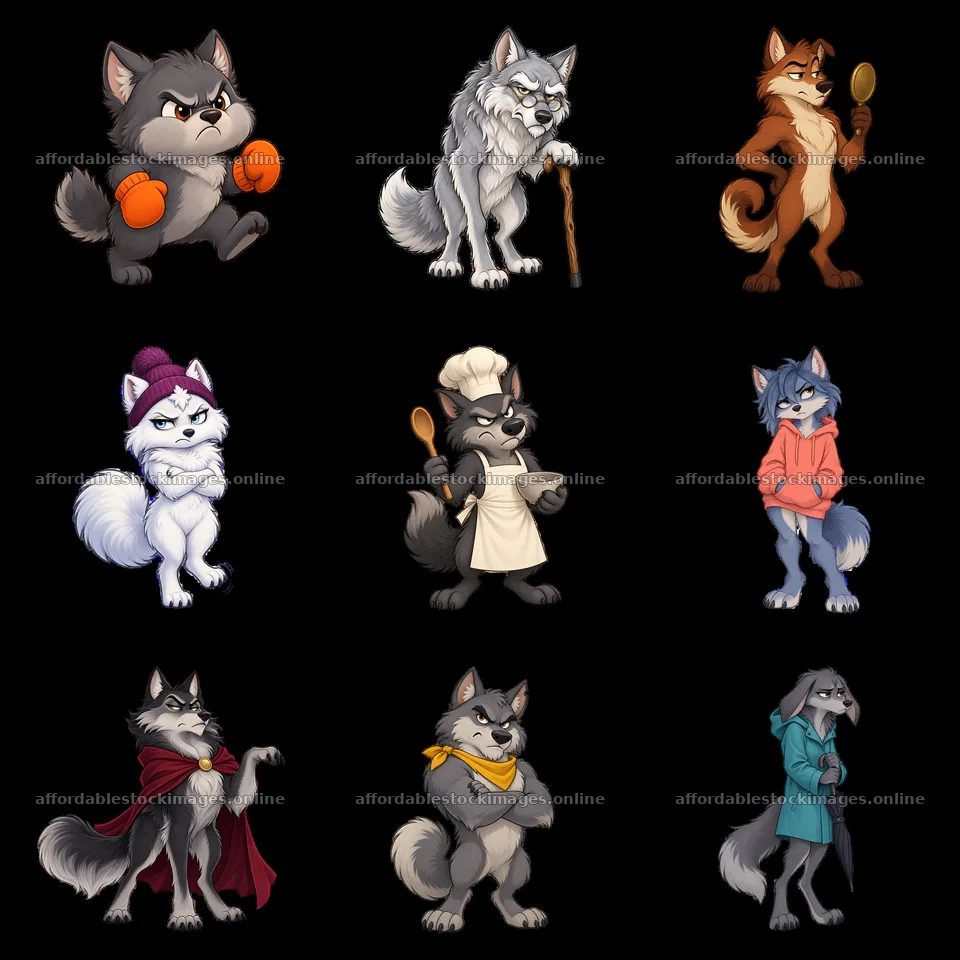Grumpy wolf cartoon stickers in various activities and – stock images 7746x7746
