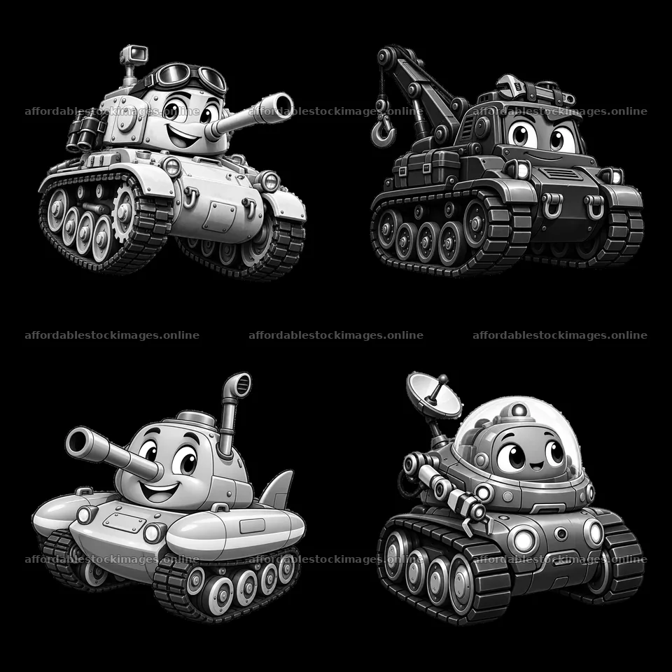 Cartoon tanks with character faces and accessories in four – stock images 7746x7746