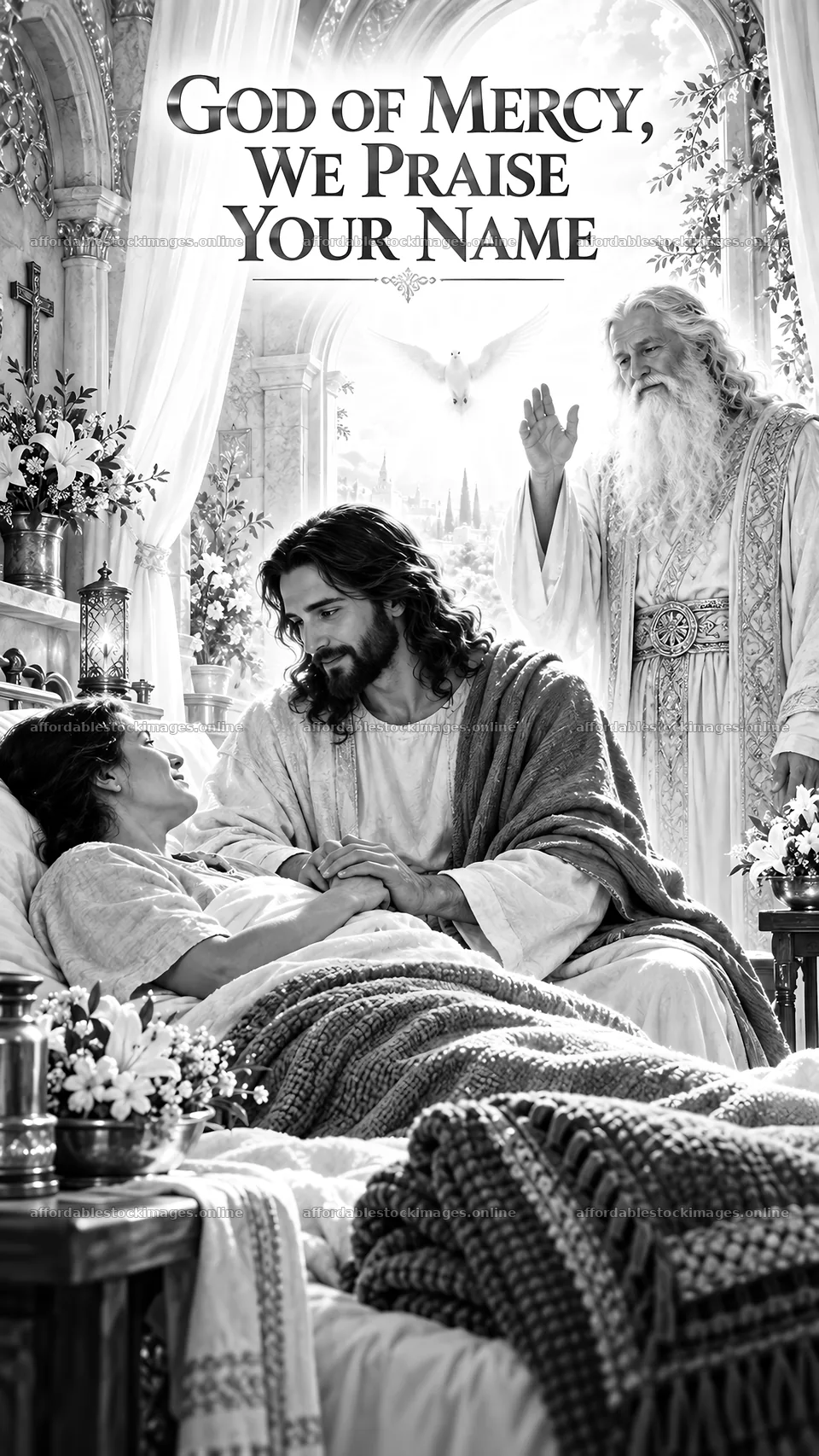 Jesus Christ comforts and heals a suffering person – stock images 5811x10326