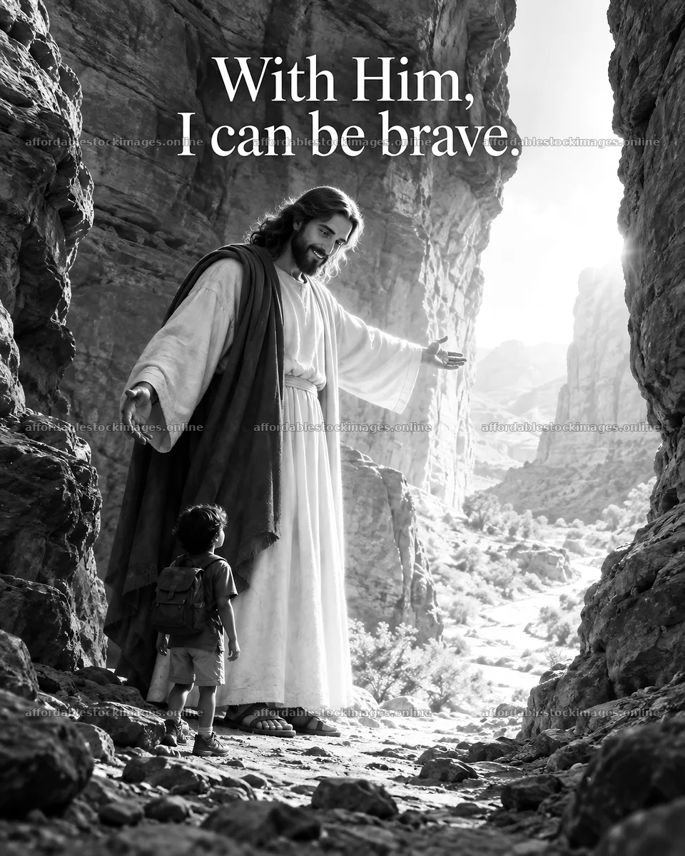 Jesus Christ welcoming a child in a rocky canyon – stock images 6930x8659