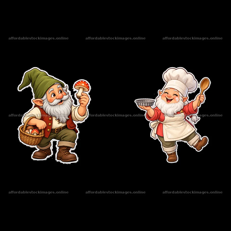 Gnome with basket of mushrooms and chef gnome cooking – stock images 7746x7746